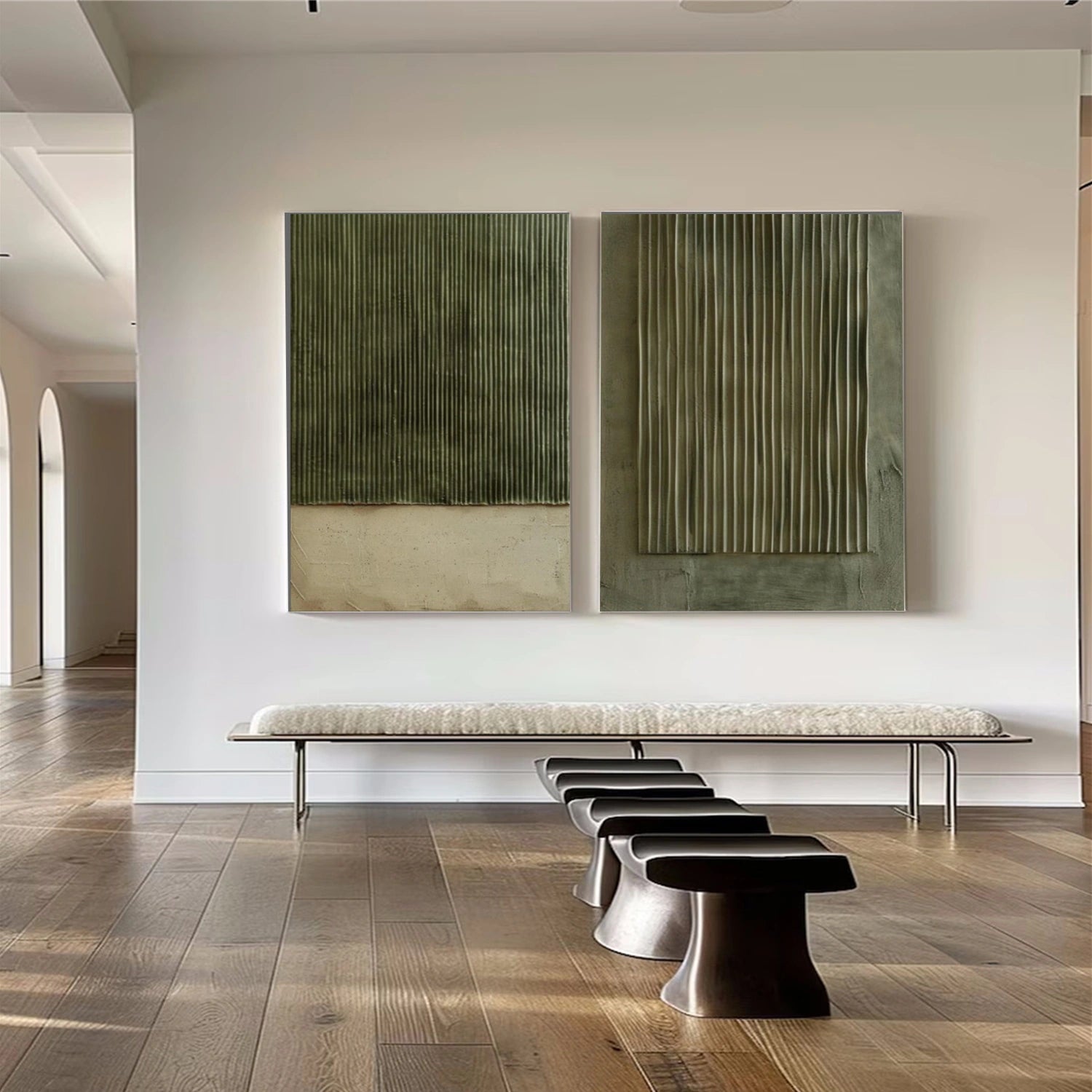 Beige & Green Minimalist Textured Canvas Set of 2 #MM390