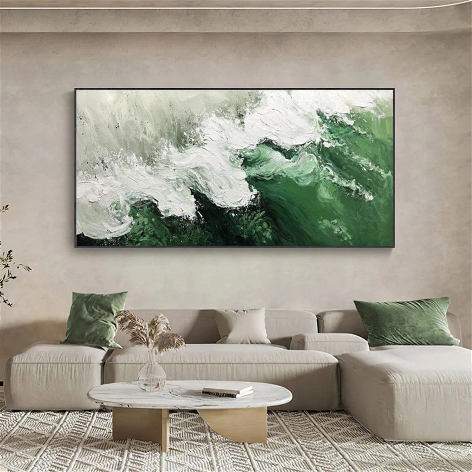 White & Green Ocean And Sky Abstract Textured Canvas Art #OS347