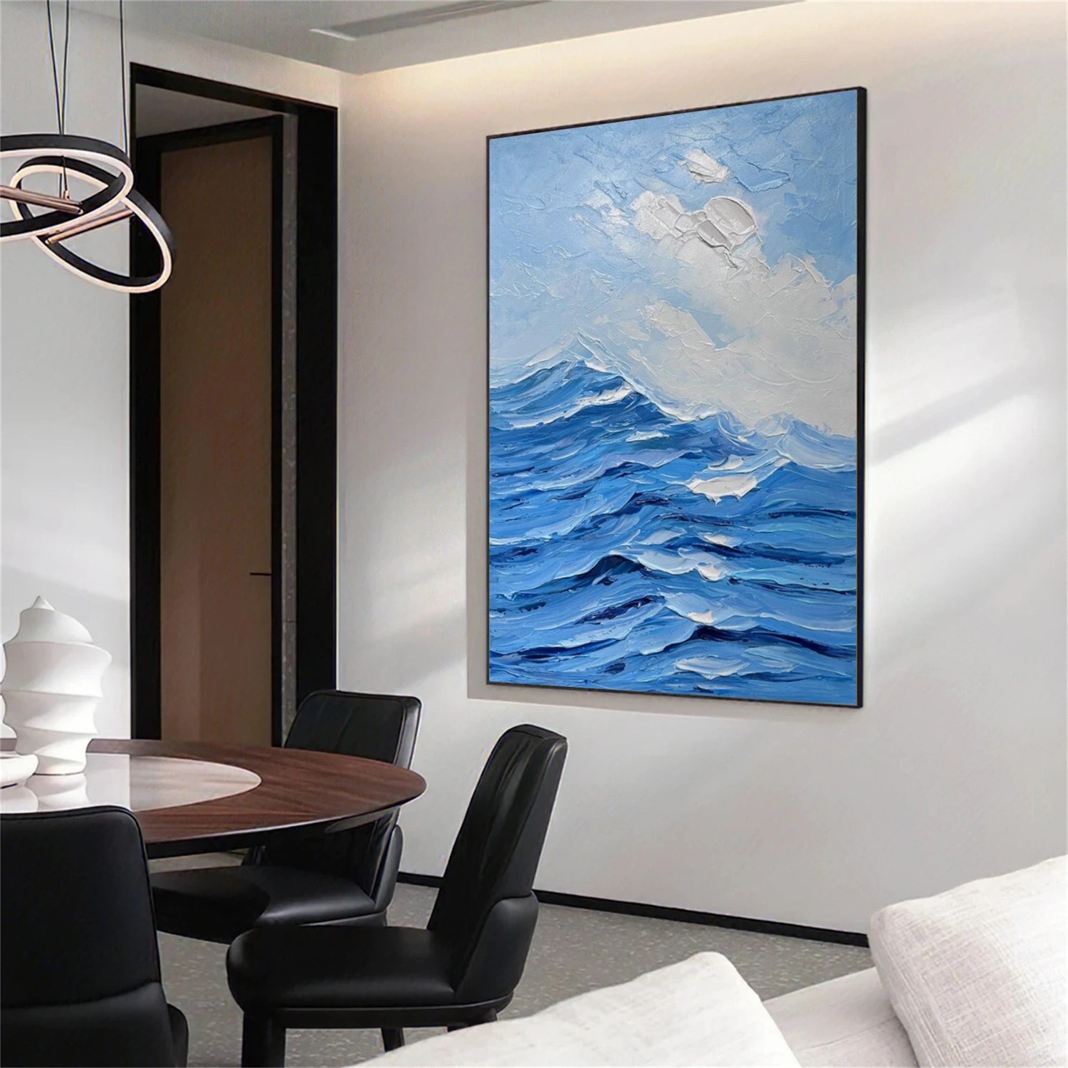 Blue & White Ocean And Sky Abstract Textured Canvas Art #OS 314