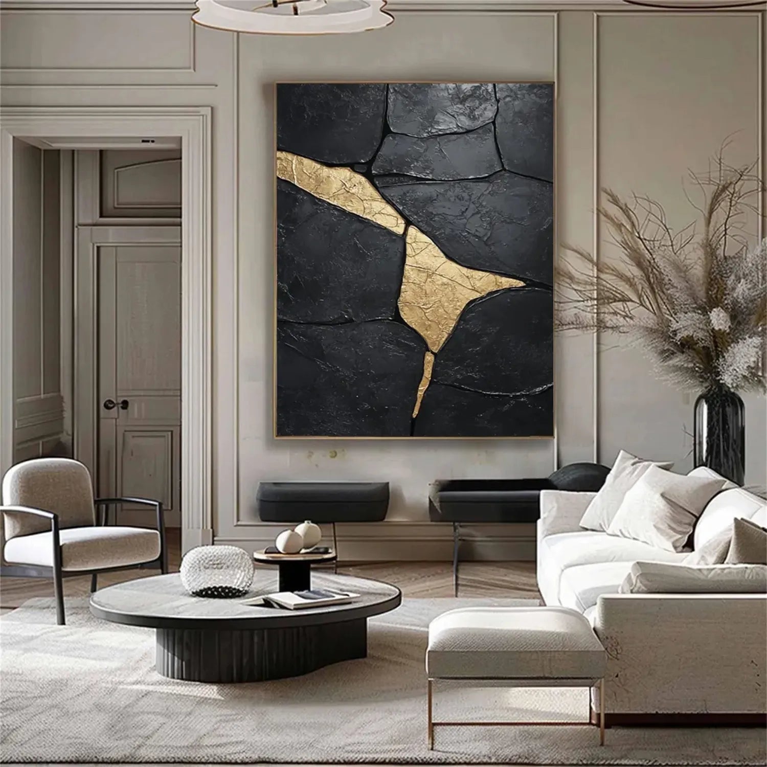 Black Gold Minimalist Textured Painting Canvas #MZ124