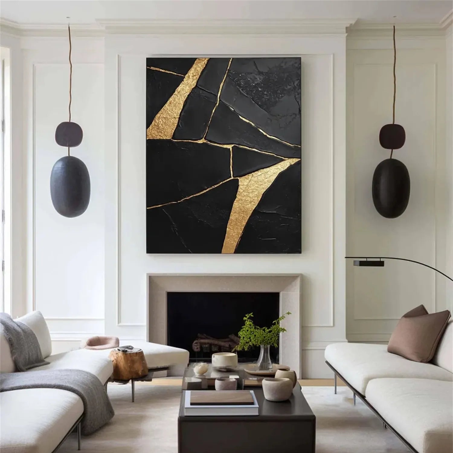 Black Gold Minimalist Textured Painting Canvas #MZ123