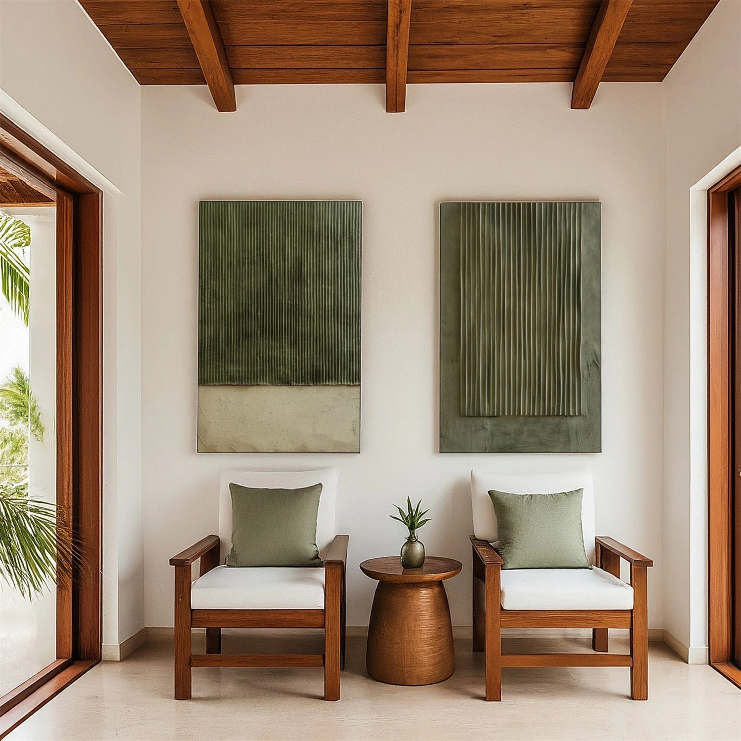 Beige & Green Minimalist Textured Canvas Set of 2 #MM390