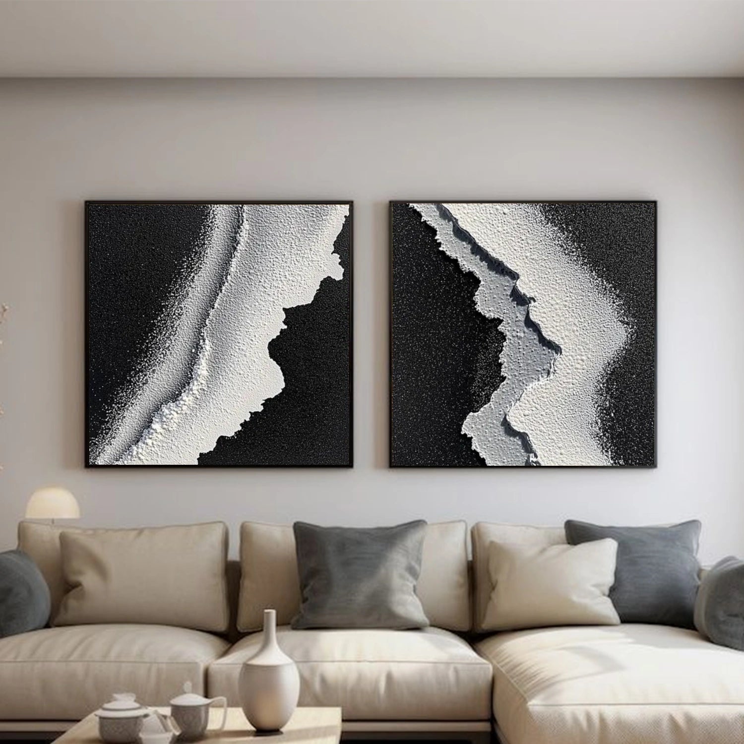 Black & White Ocean And Sky Abstract Textured Square Set of 2 Canvas Art #OS 315