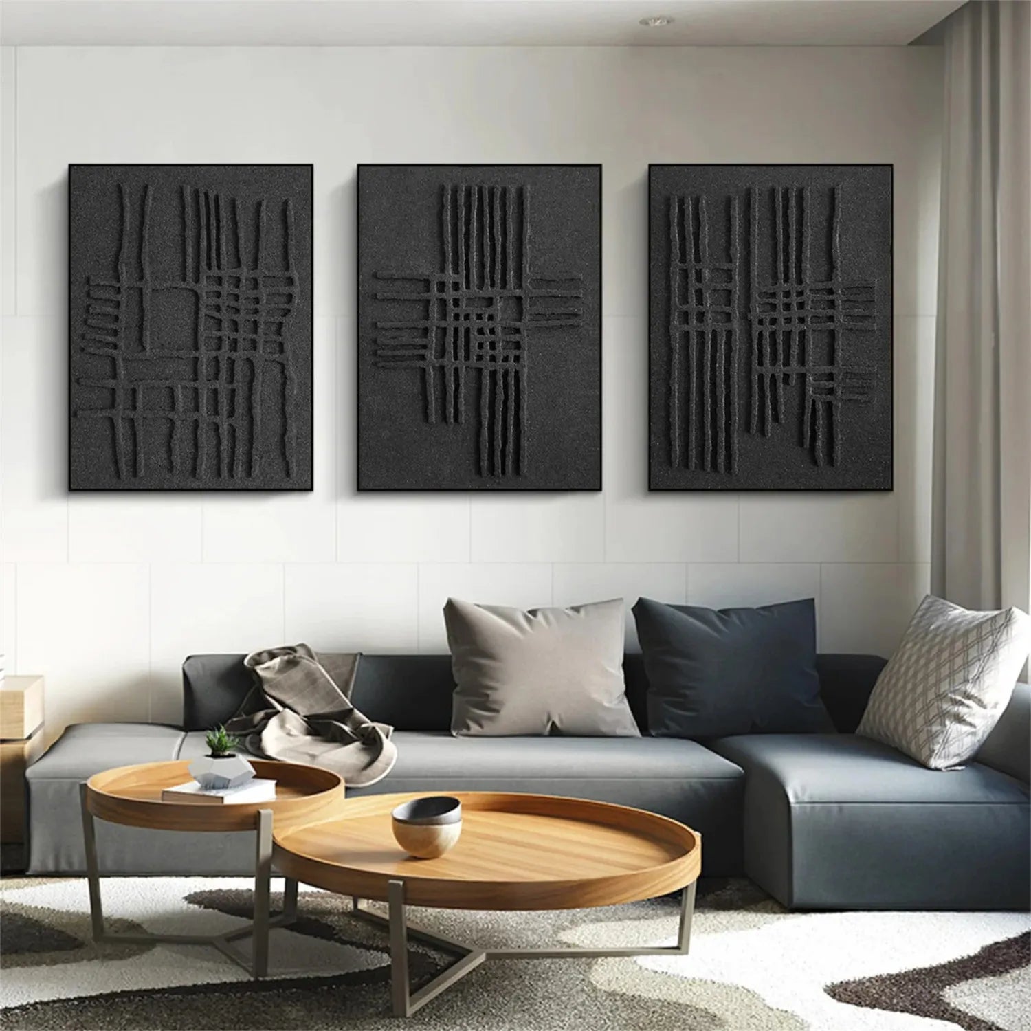 Black Minimalist Textured Painting Canvas Set of 3 #MZ119