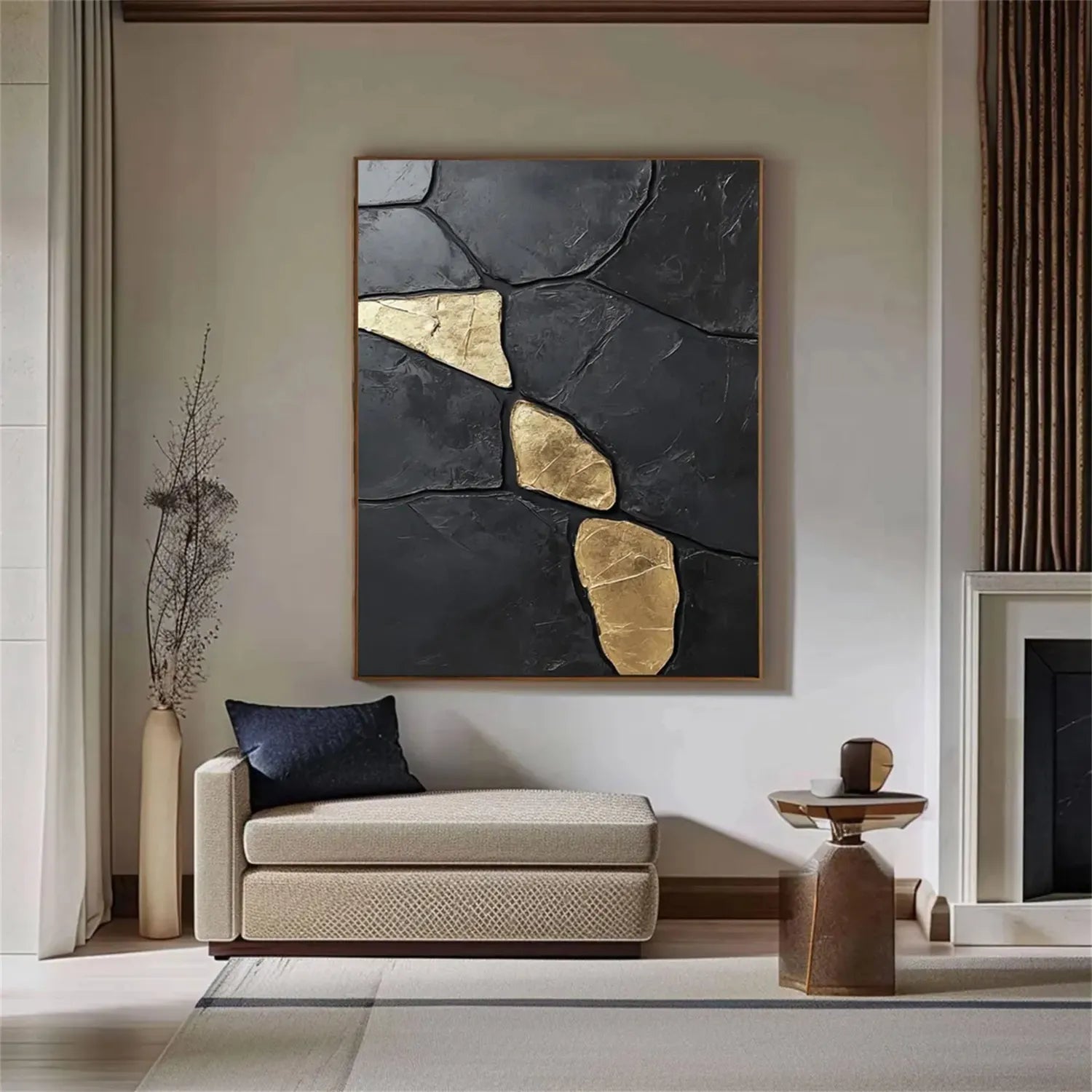 Black Gold Minimalist Textured Painting Canvas #MZ122