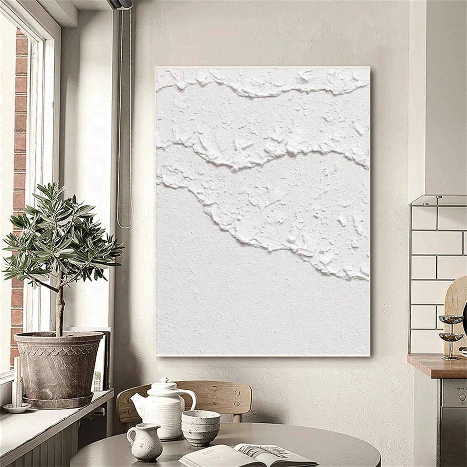 White Ocean And Sky Abstract Textured Canvas Art #OS336