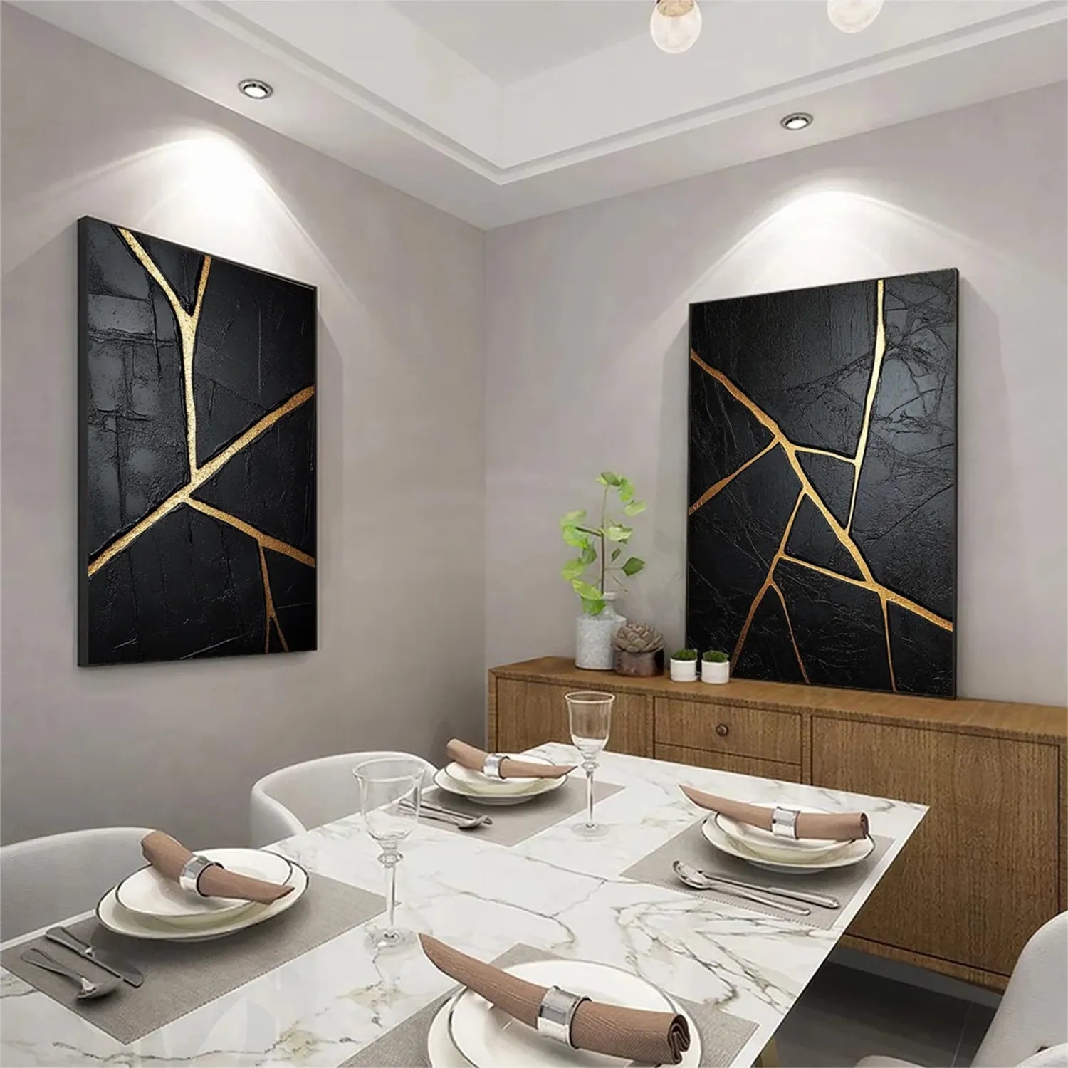 Black Gold Minimalist Textured Painting Set of 2 #MZ135