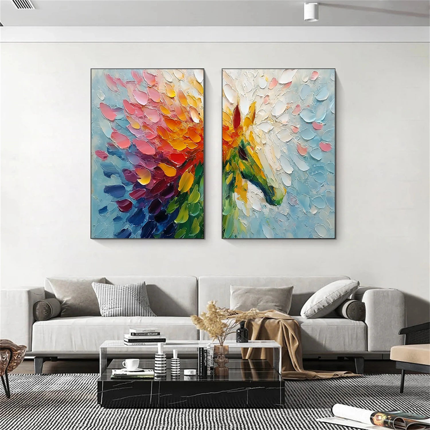 Colorful Abstract Horse Animal Textured Set of 2 Canvas Art #AP186
