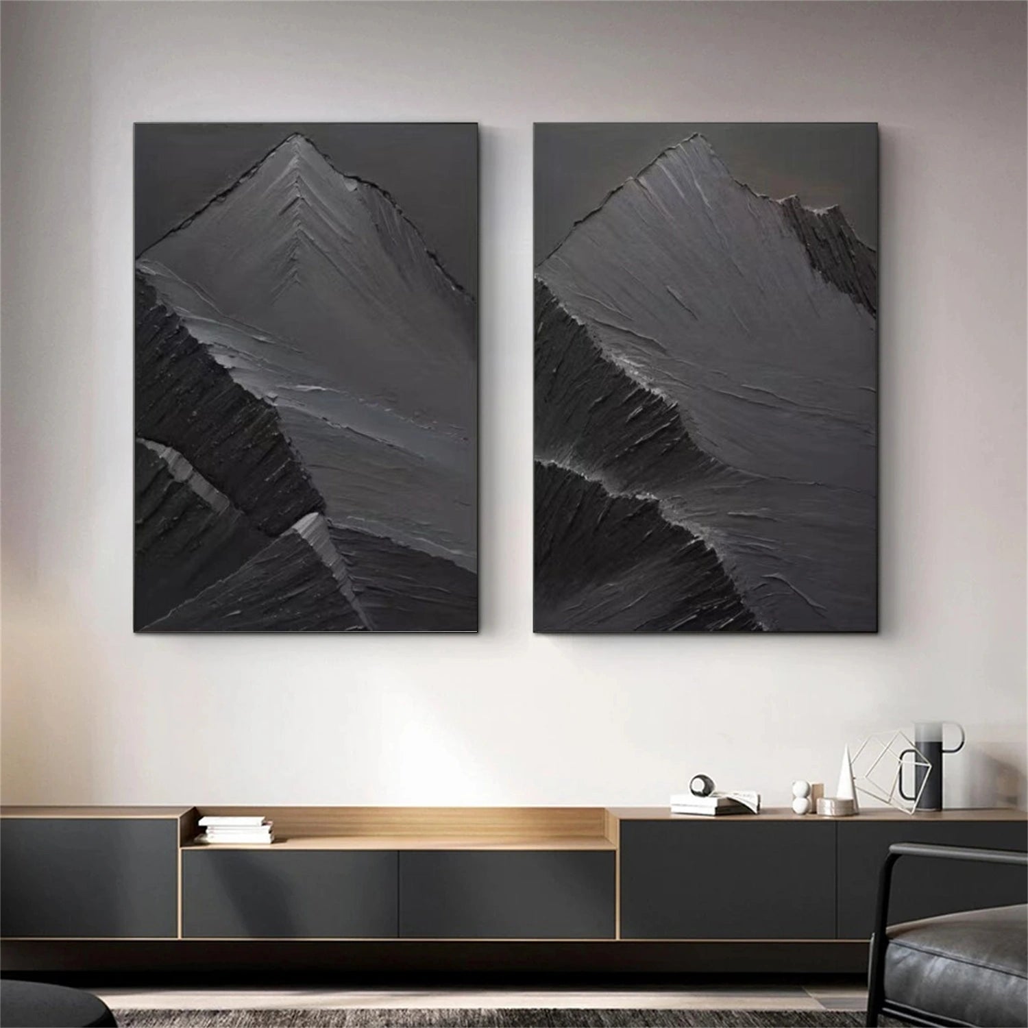 Black Minimalist Mountain Textured Set Of 2 Painting #MZ147