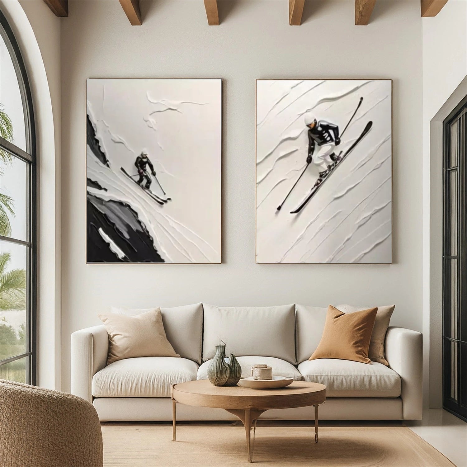 Beige & Black Skiing Sport Art Textured Set of 2 Painting Canvas # SA036