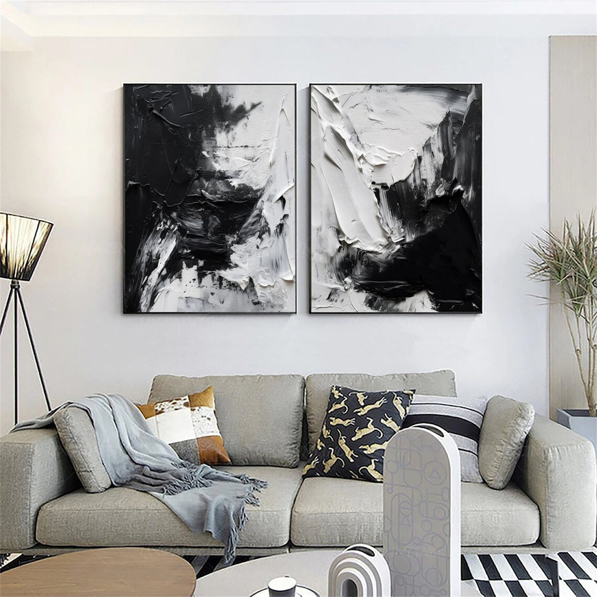 Set of 2 Minimalist Black Textured Original Painting Wall Decor #MZ064