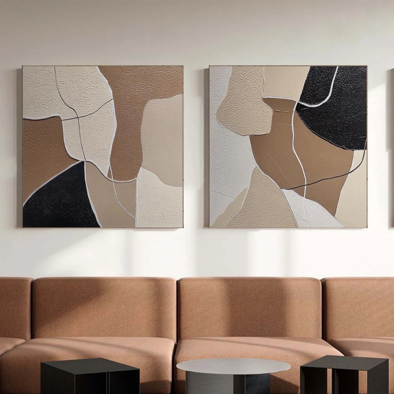 Beige & Brown Abstract Textured Square Set of 2 Wall Art #AB 562