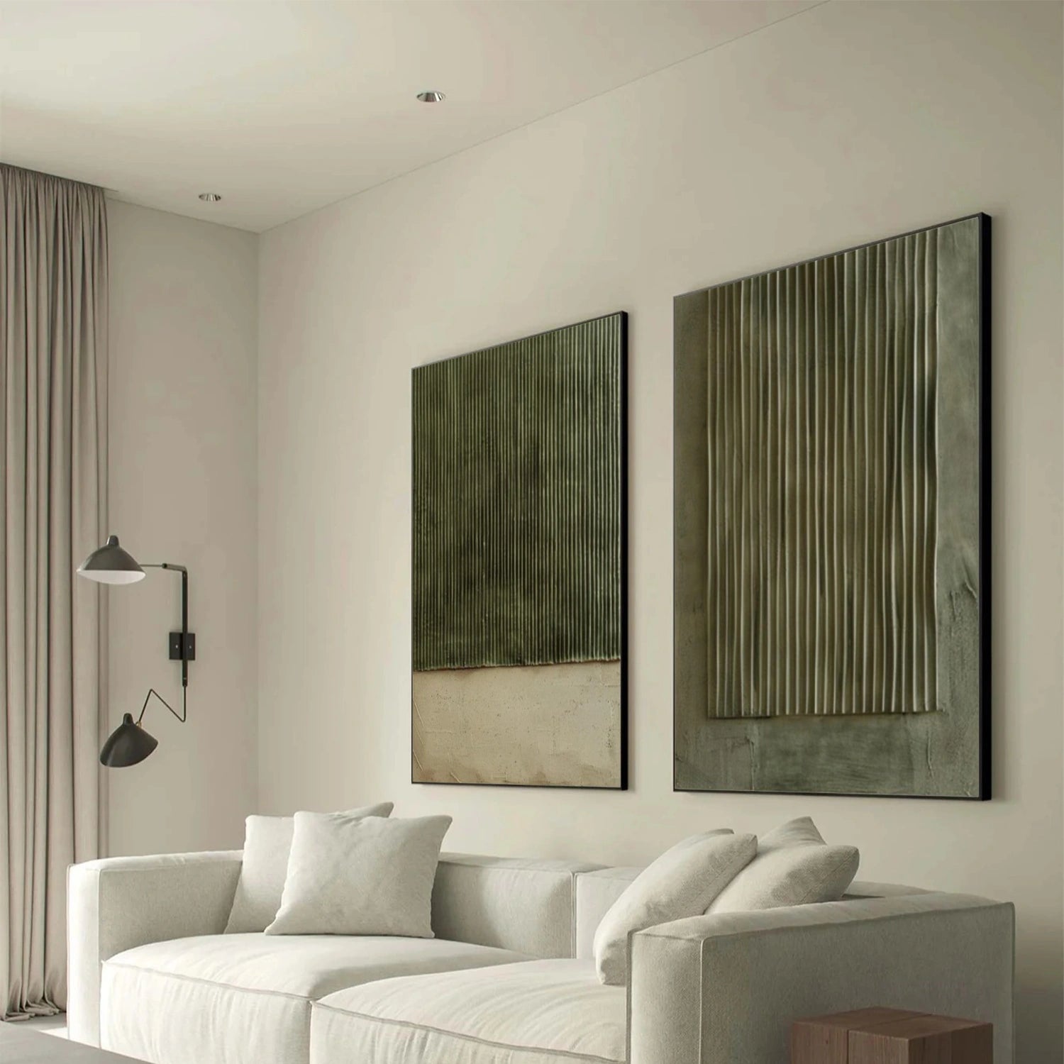 Beige & Green Minimalist Textured Canvas Set of 2 #MM390