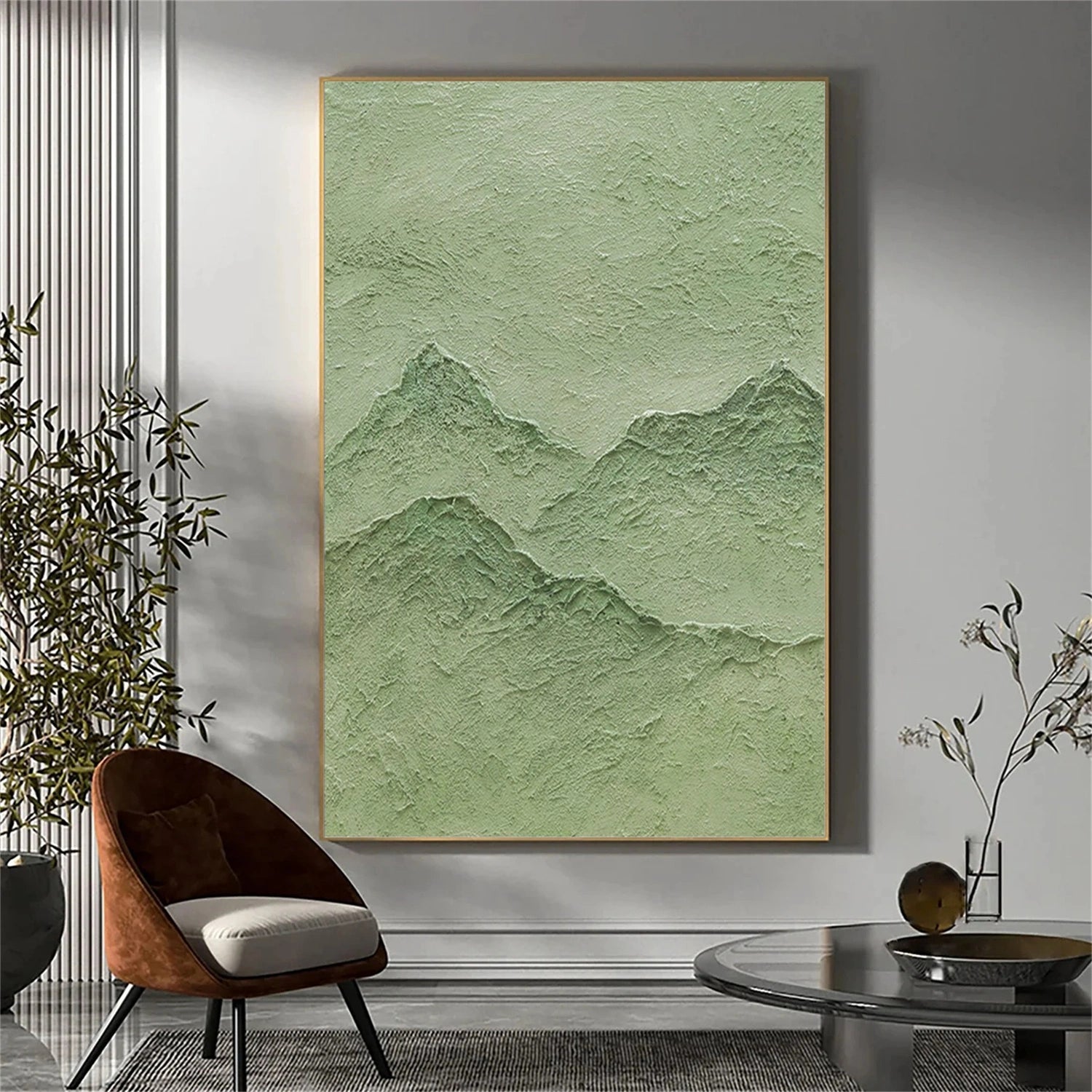 Green Minimalist Mountain Textured Canvas Art #MM349
