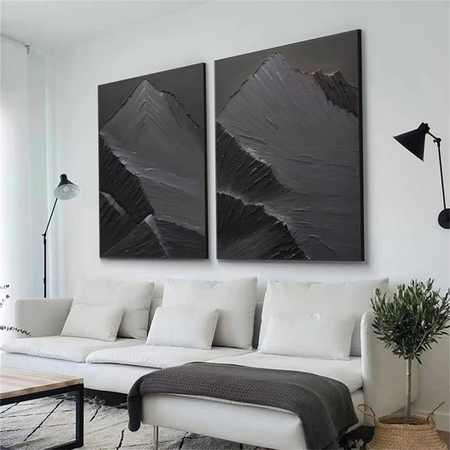 Black Minimalist Mountain Textured Set Of 2 Painting #MZ147