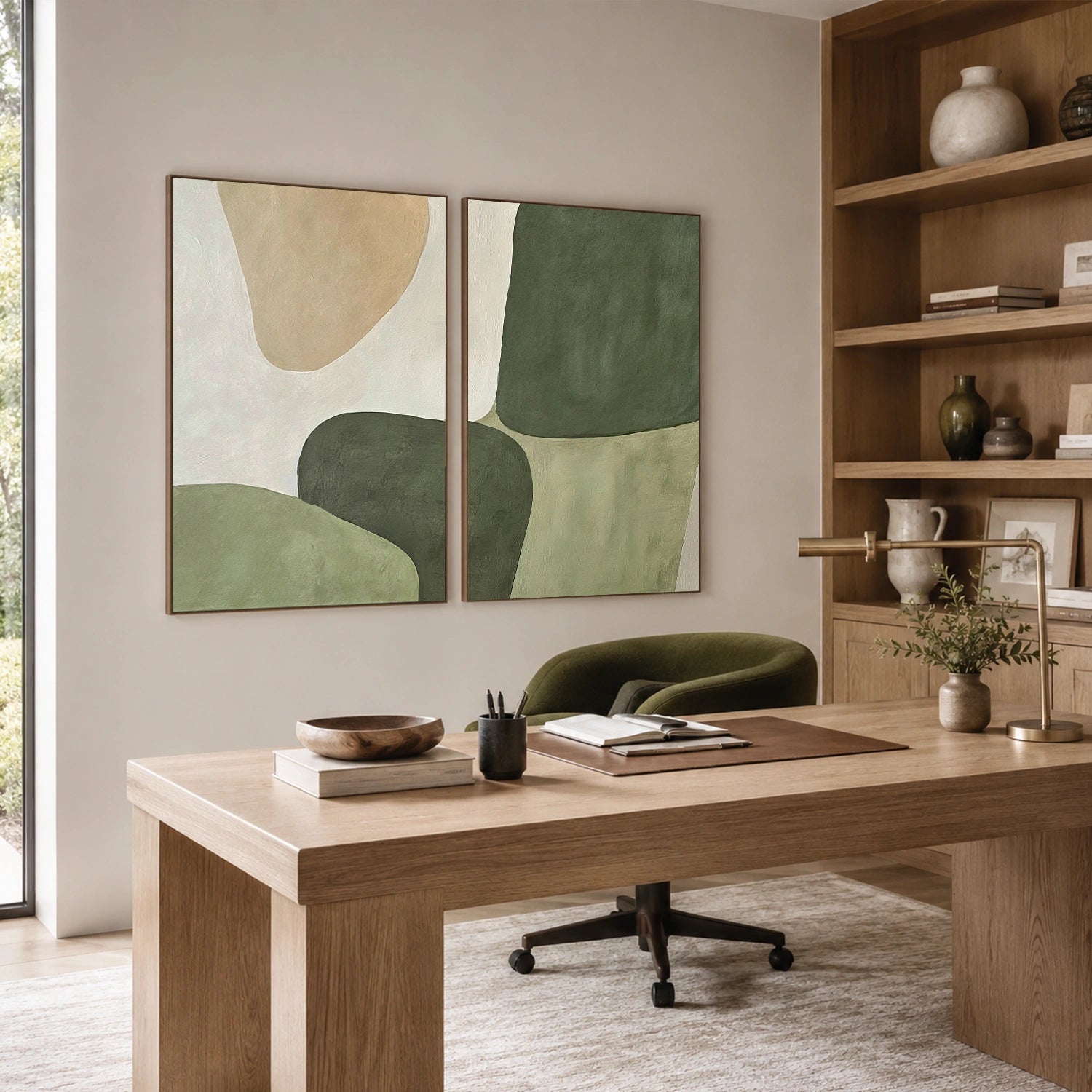 Beige & Green Abstract Wall Art Set of 2 #BG152