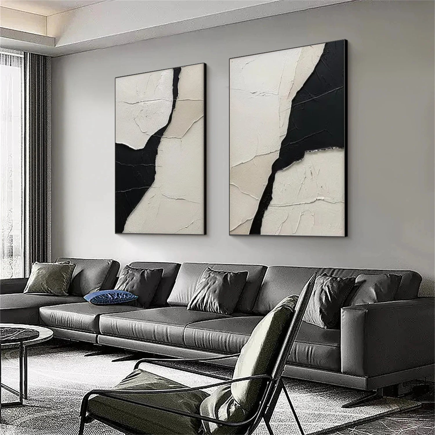 White and Black Minimalistic Textured Set of 2 Canvas Art #MZ150