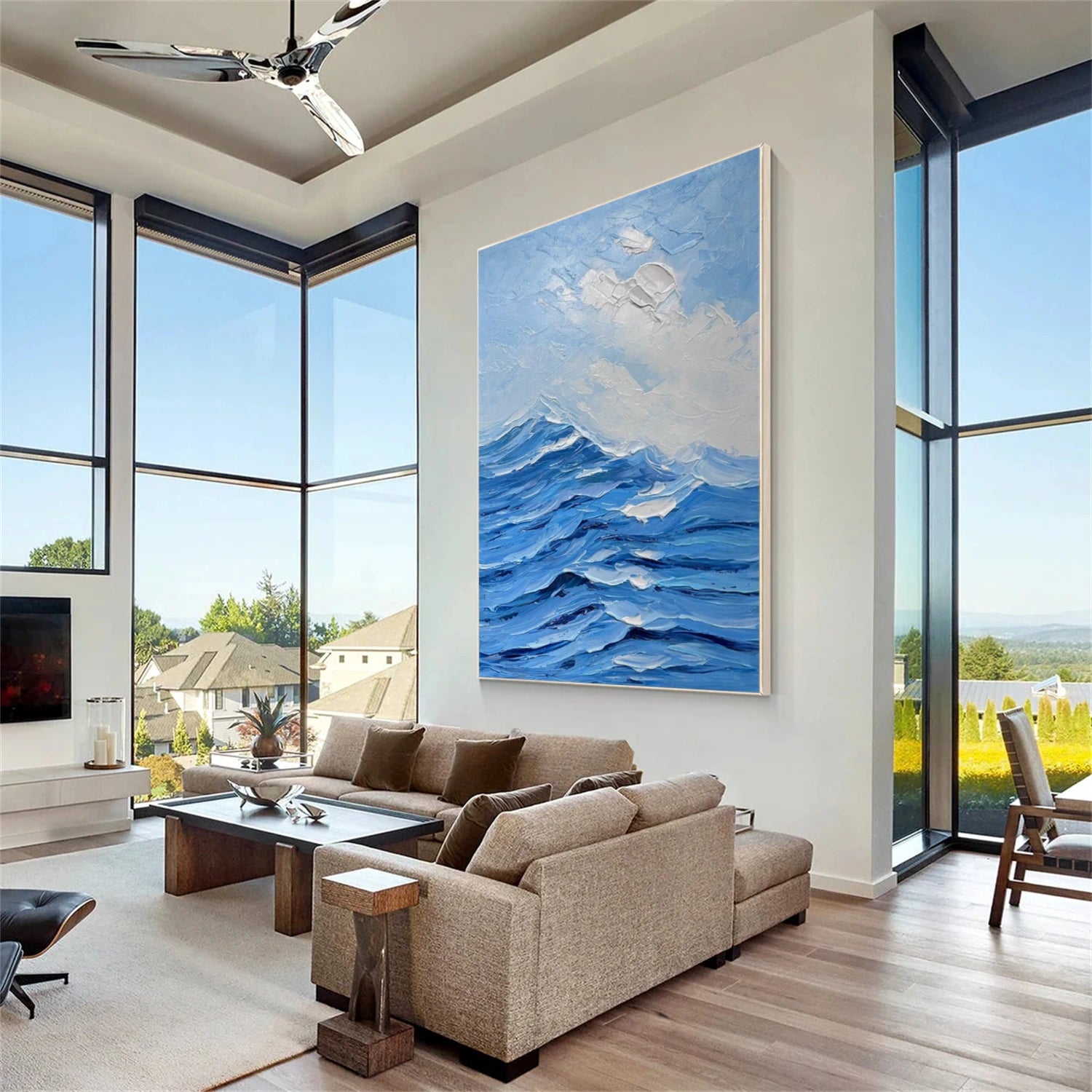 Blue & White Ocean And Sky Abstract Textured Canvas Art #OS 314