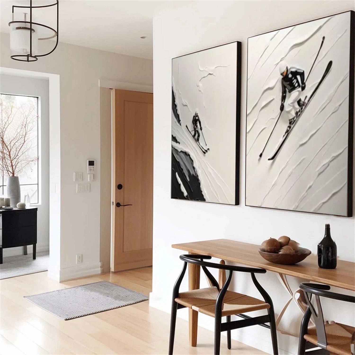 Beige & Black Skiing Sport Art Textured Set of 2 Painting Canvas # SA036
