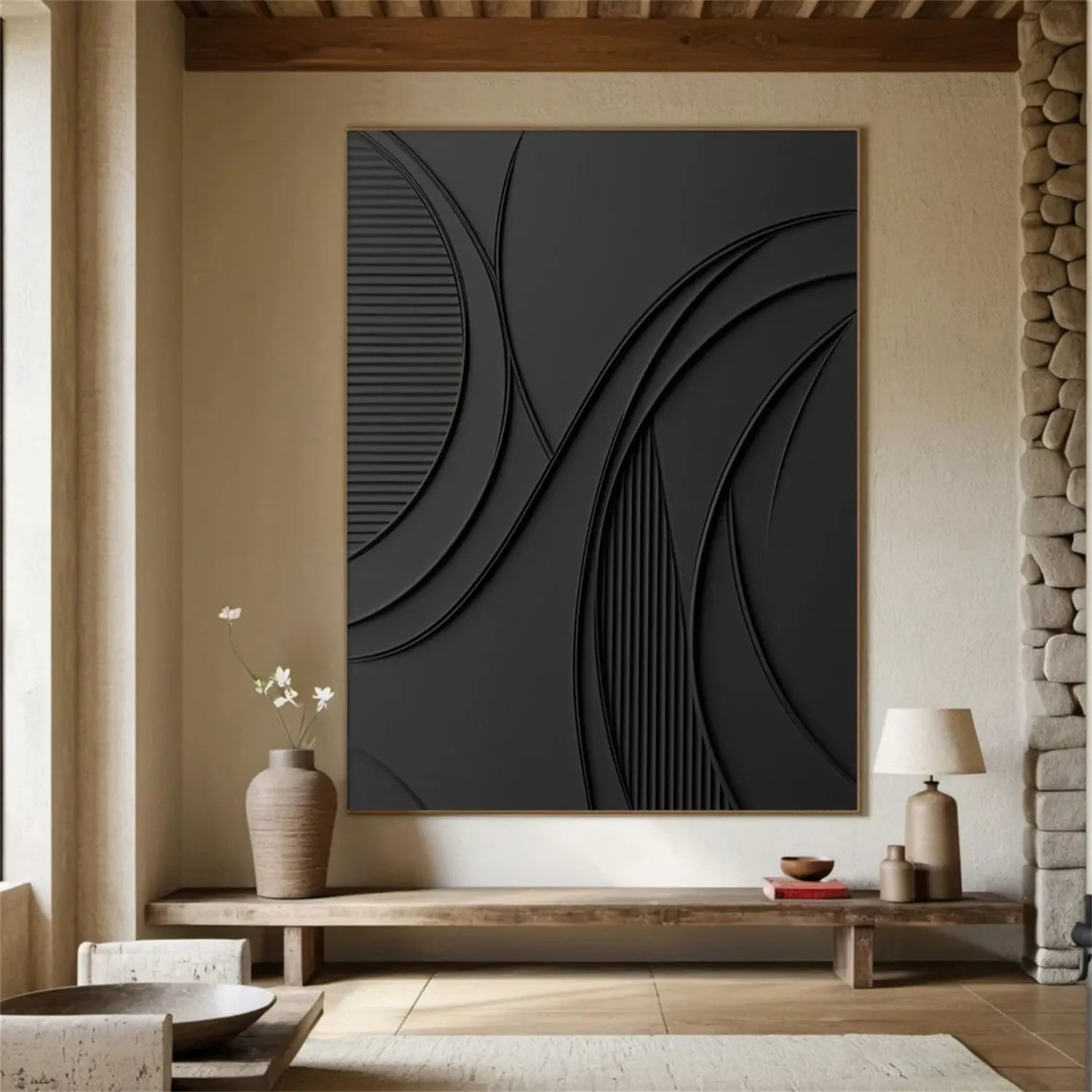 Black Minimalist Textured Painting Canvas #MZ126