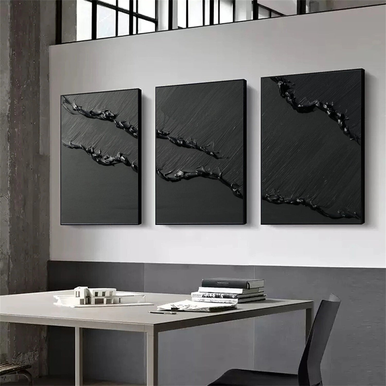 Black Minimalist Textured Set Of 3 Painting #MZ149