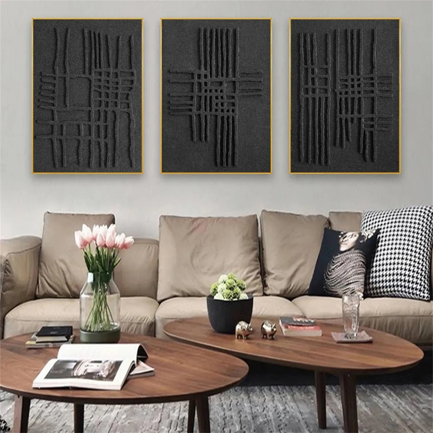 Black Minimalist Textured Painting Canvas Set of 3 #MZ119