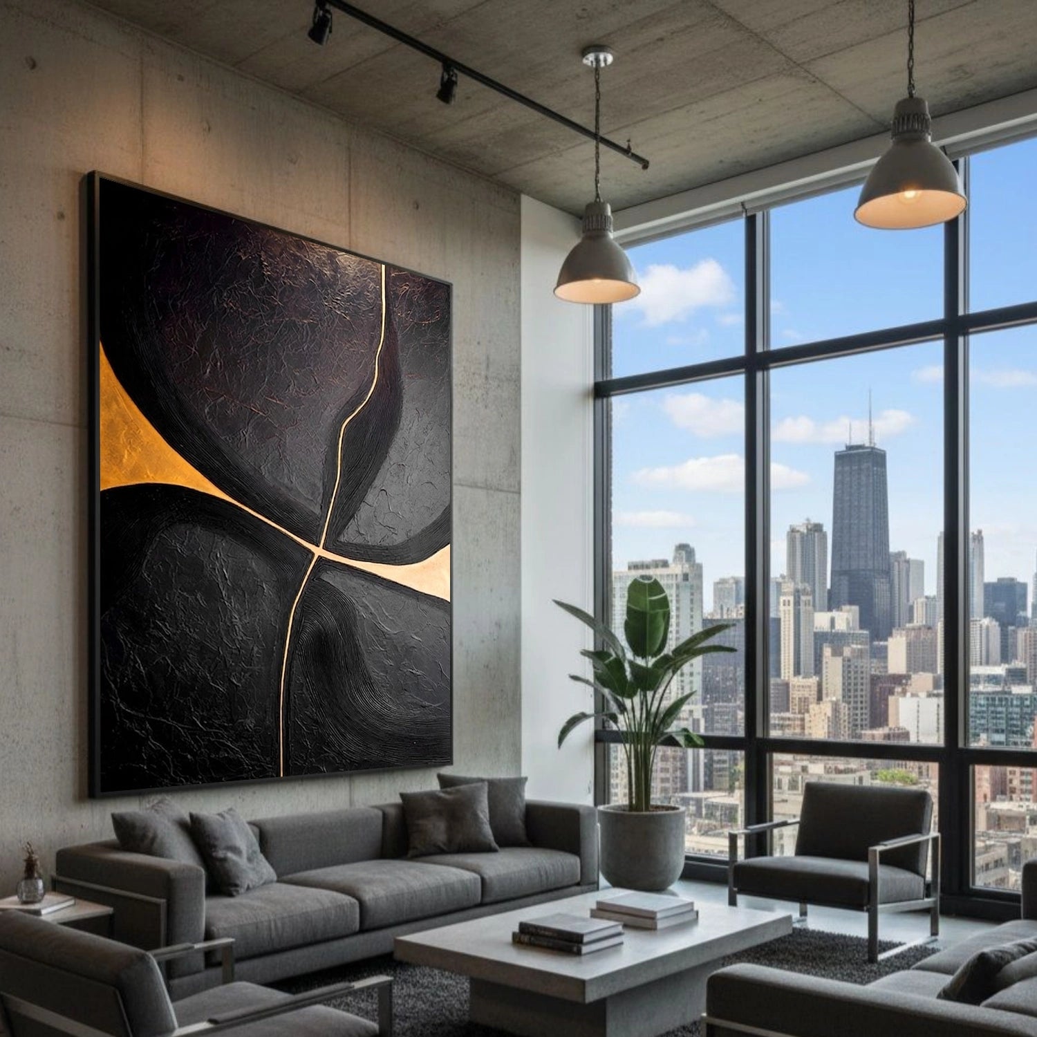 Black & Gold Minimalist Textured Canvas # MM432