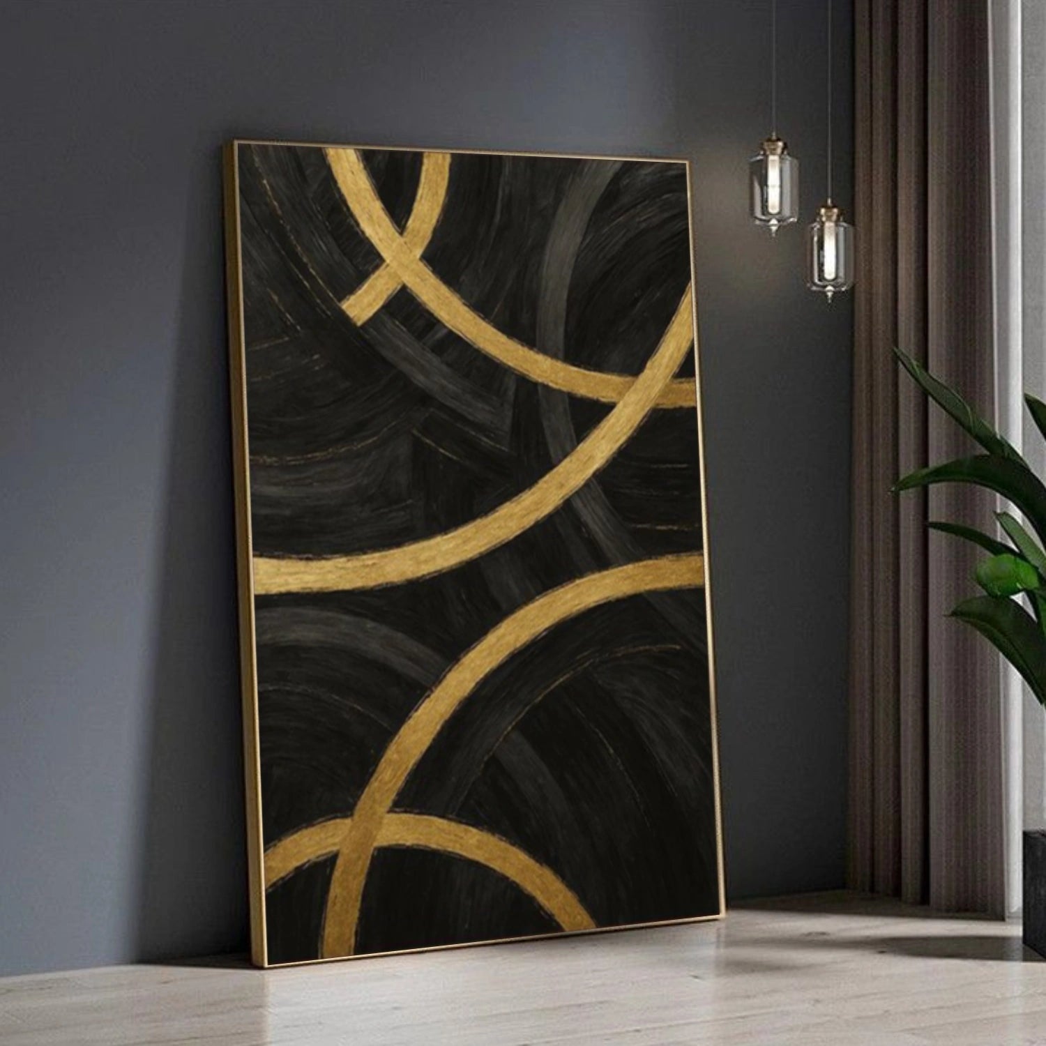 Black & Gold Minimalist Textured Canvas Art #MM378