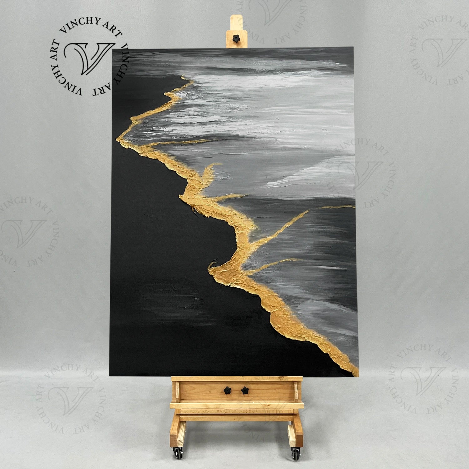 Black & Gold Ocean And Sky Abstract Textured Canvas Art #OS 288