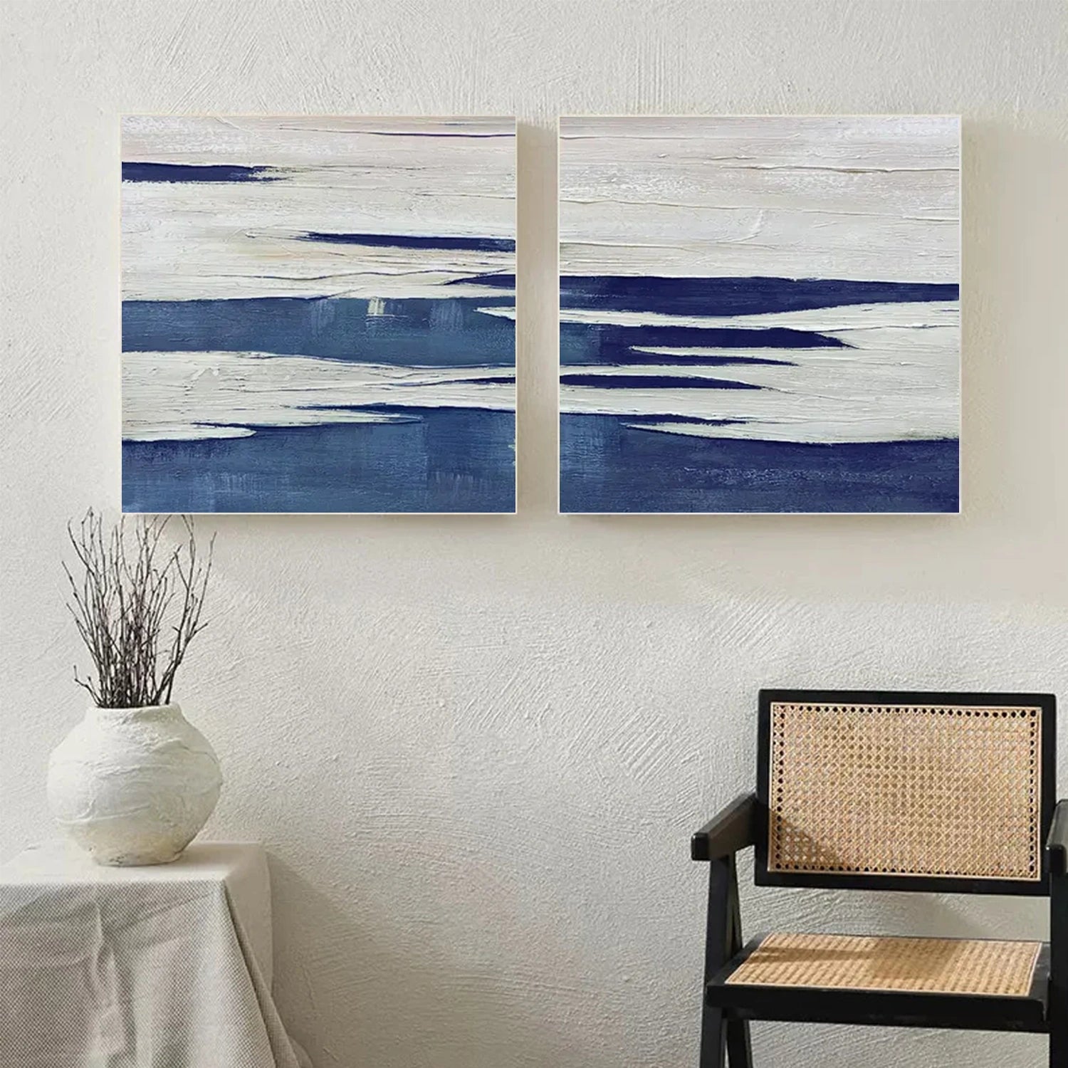 Blue & White Abstract Textured Square Set of 2 Wall Art #AB 509