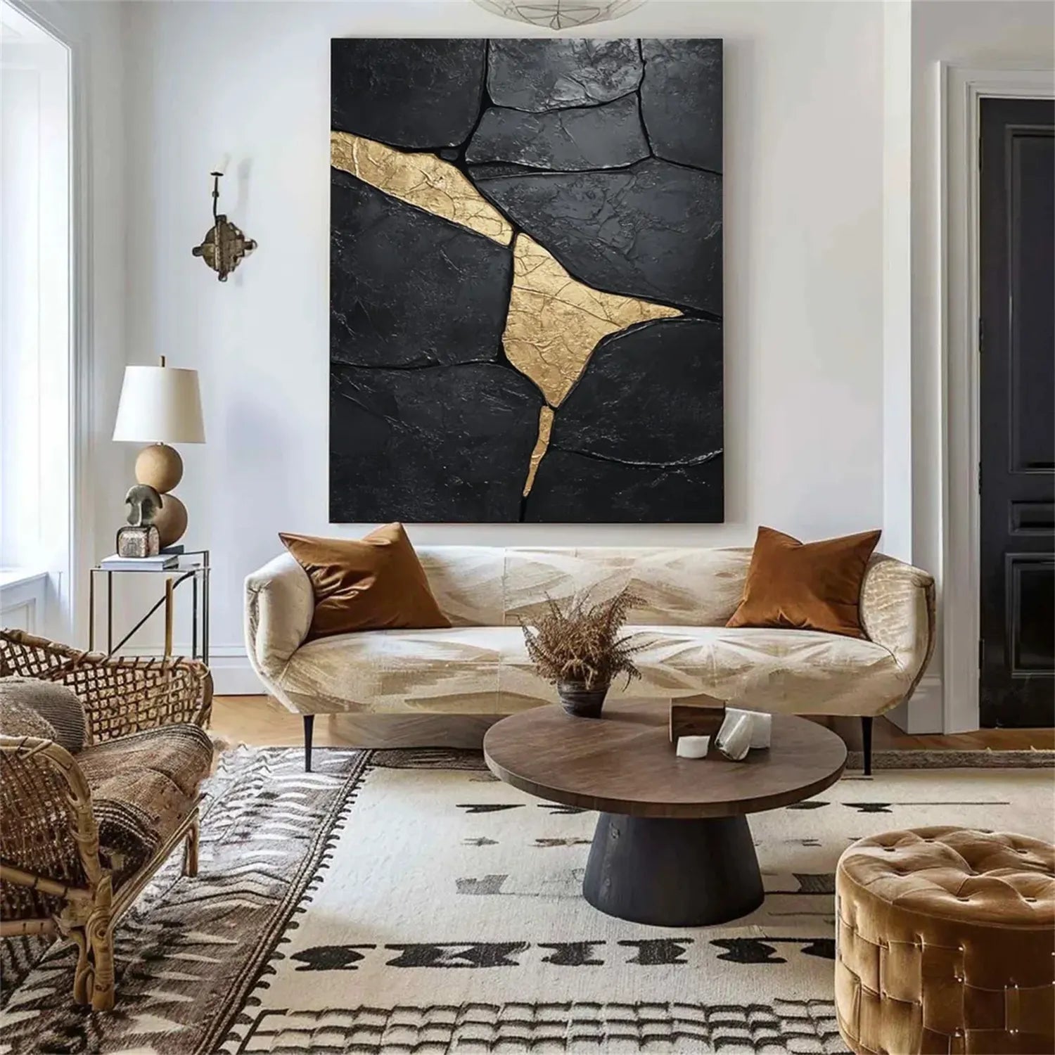 Black Gold Minimalist Textured Painting Canvas #MZ124