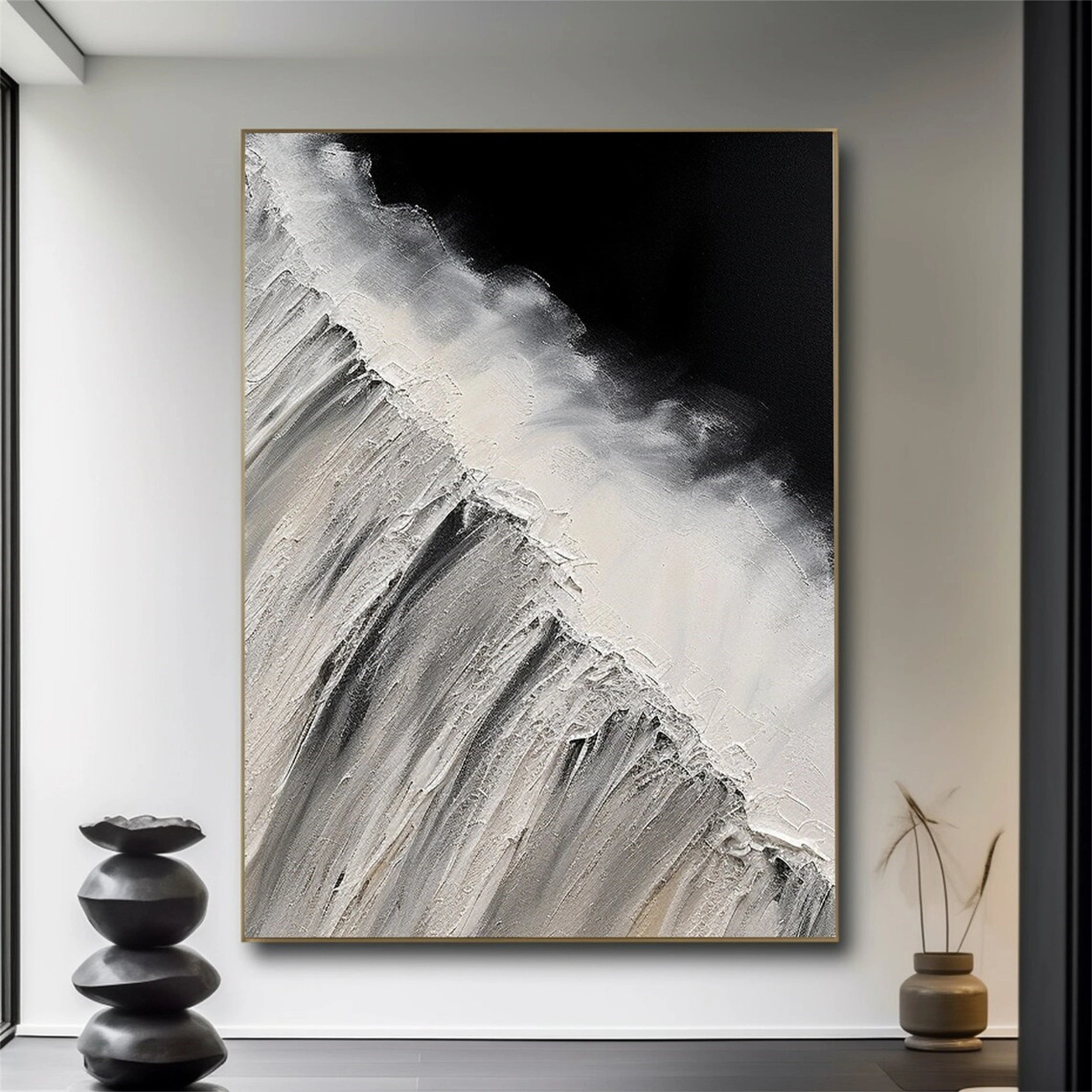 White & Black Minimalist Textured Painting Canvas #MM155