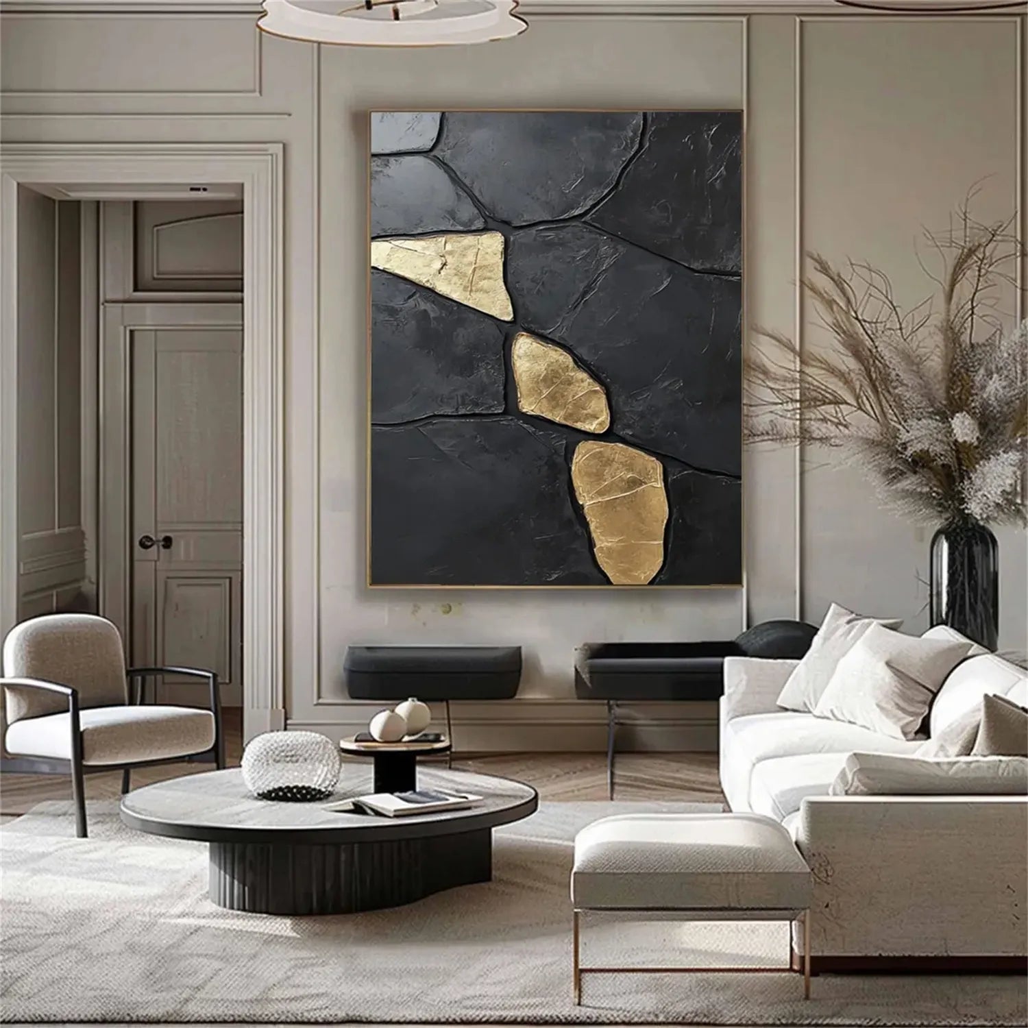 Black Gold Minimalist Textured Painting Canvas #MZ122