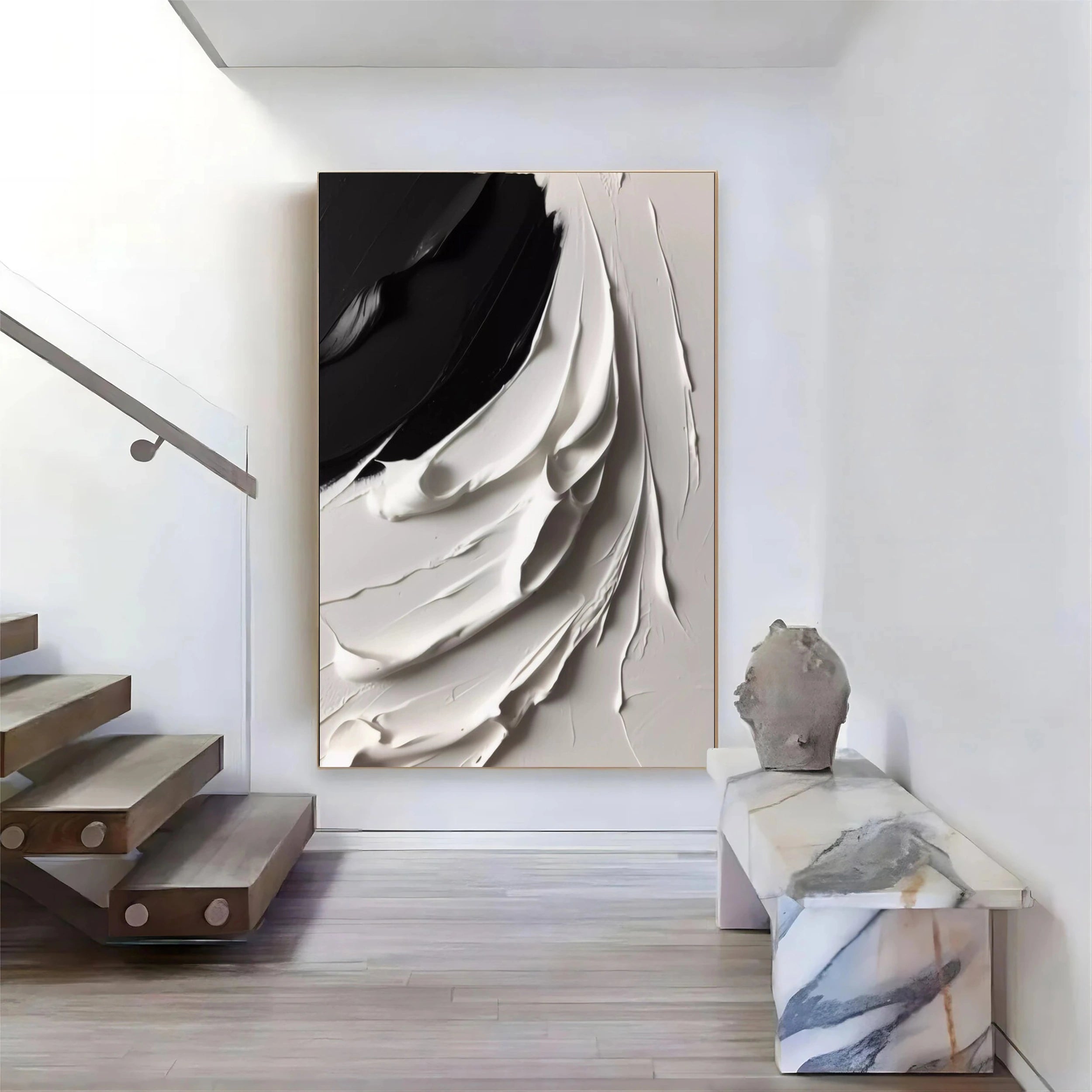 White & Black Minimalist Textured Painting Canvas #MM141