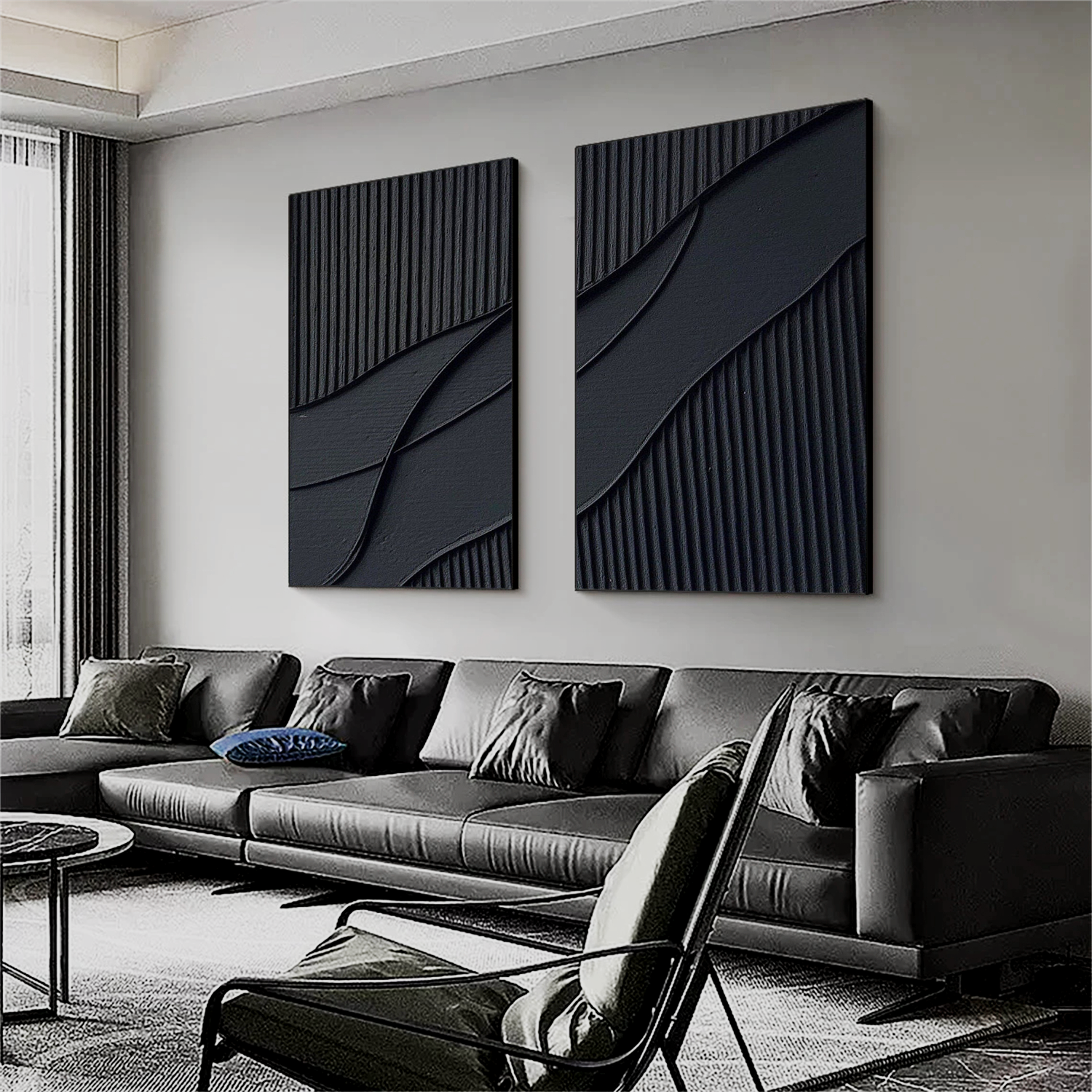 Black Plaster Art Minimalist Textured Paintings Set of 2 #MZ043