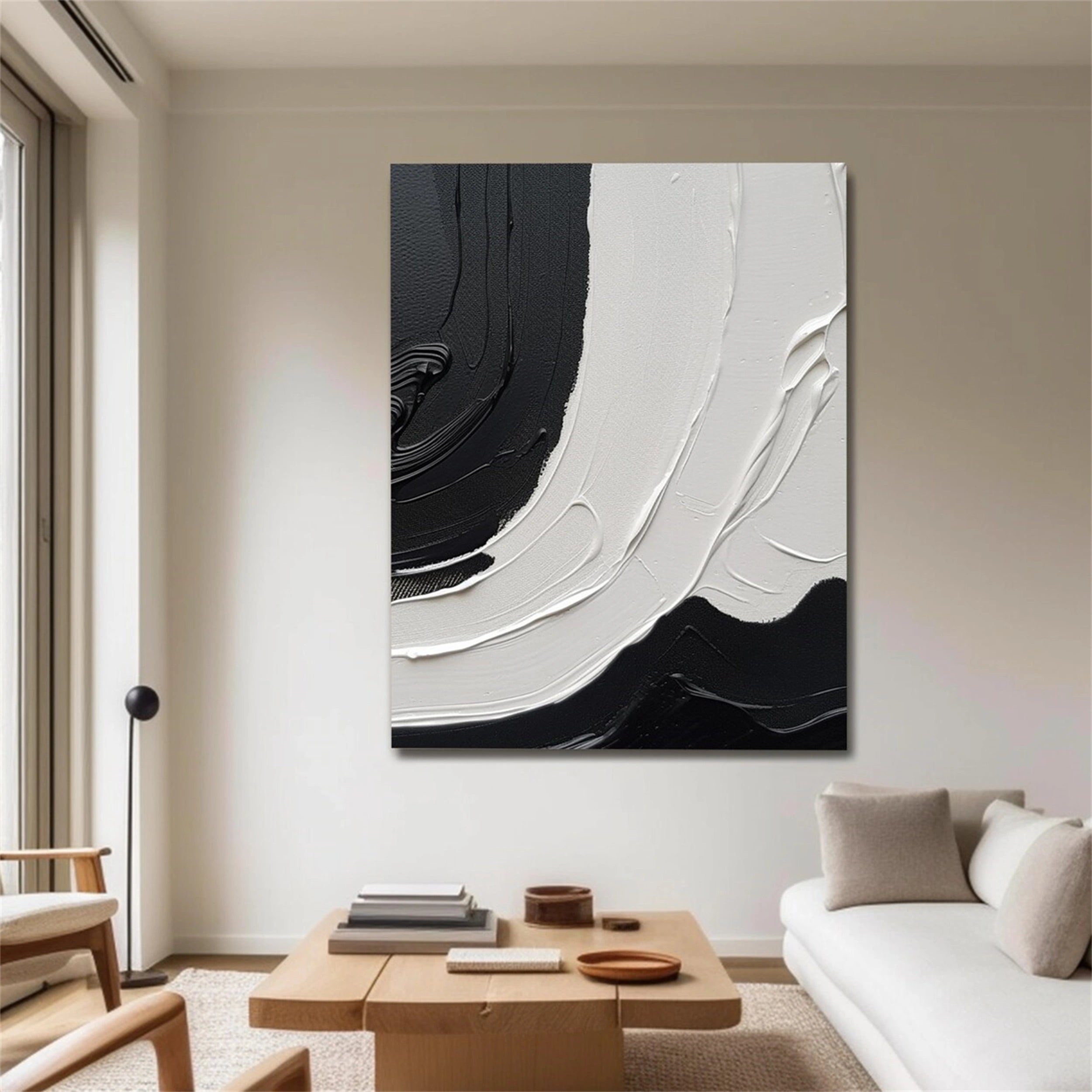 White & Black Minimalist Textured Painting Canvas #MM152