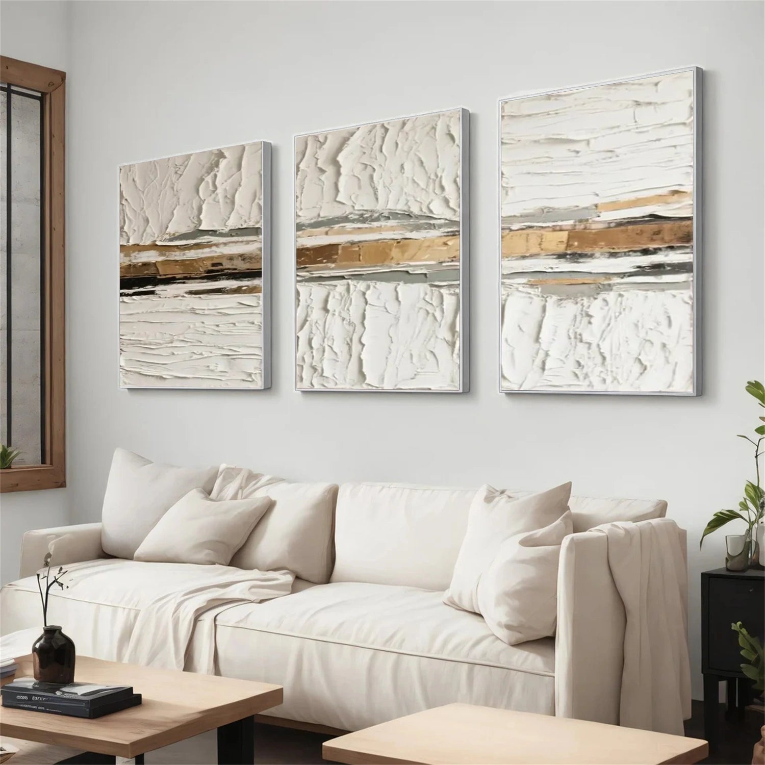 White Gold Minimalist Textured Wall Art Set of 3 #MM353