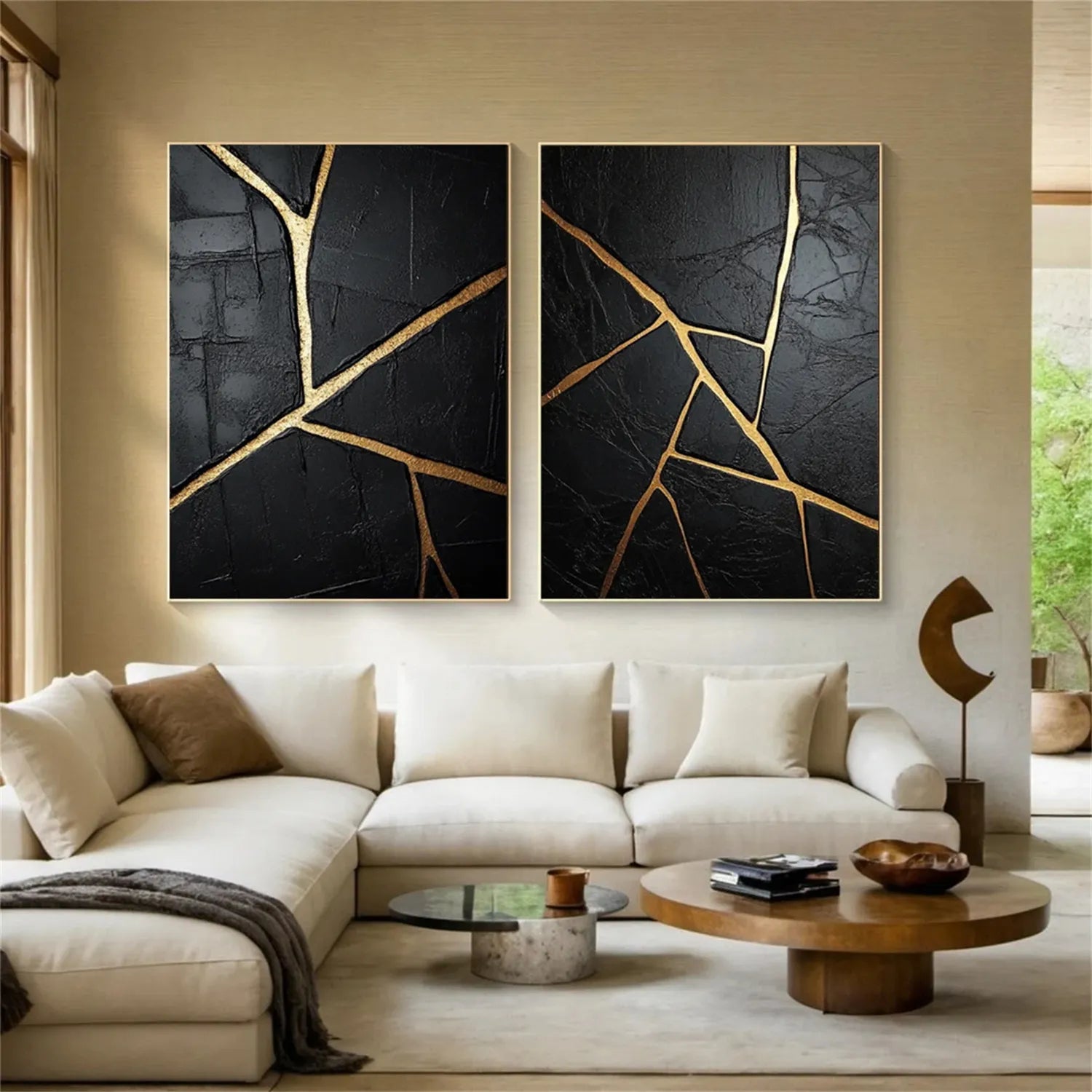 Black Gold Minimalist Textured Painting Set of 2 #MZ135