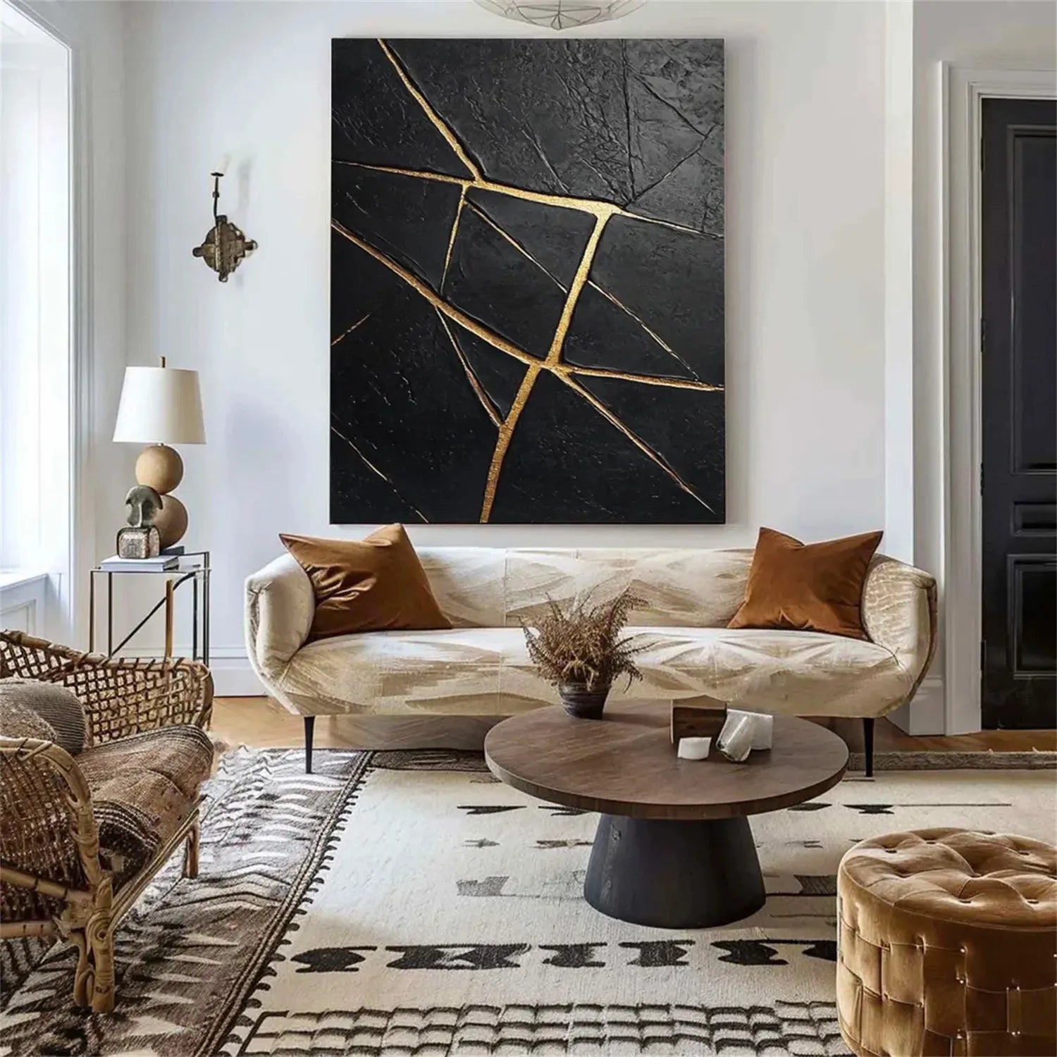 Black Gold Minimalist Textured Painting Canvas #MZ121