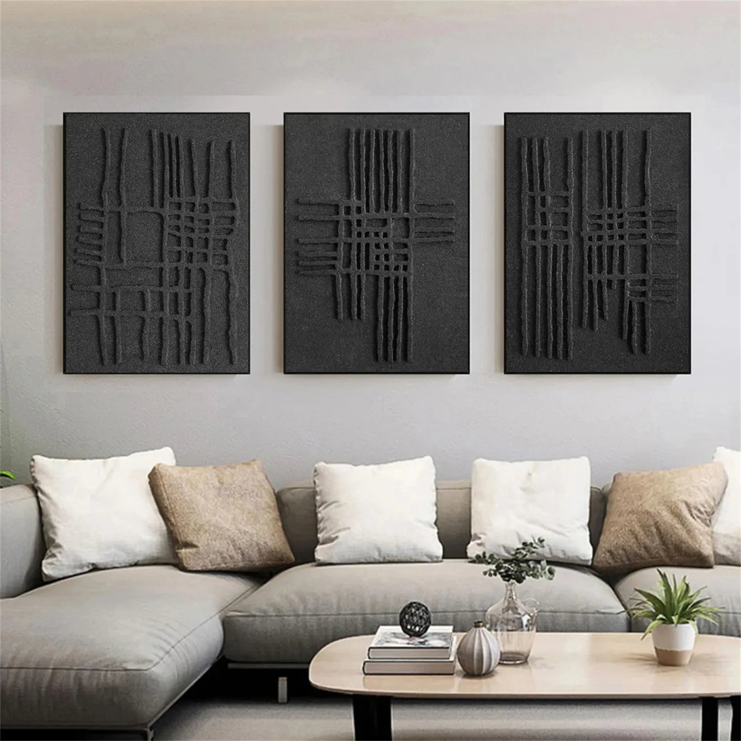 Black Minimalist Textured Painting Canvas Set of 3 #MZ119