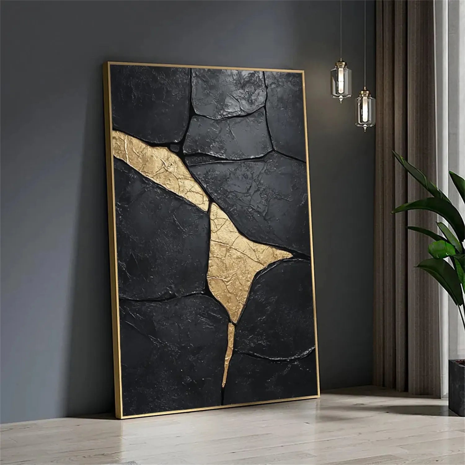 Black Gold Minimalist Textured Painting Canvas #MZ124