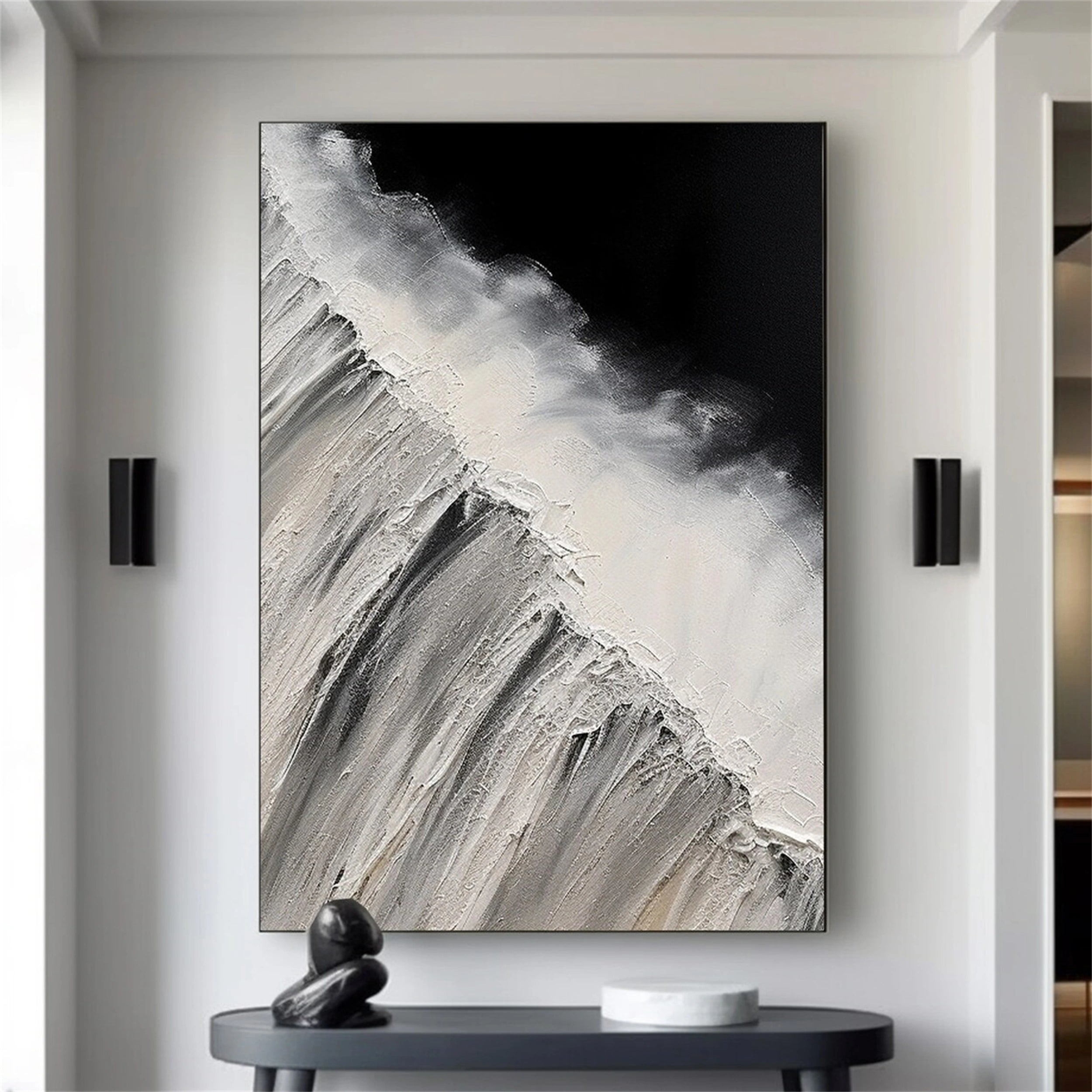 White & Black Minimalist Textured Painting Canvas #MM155