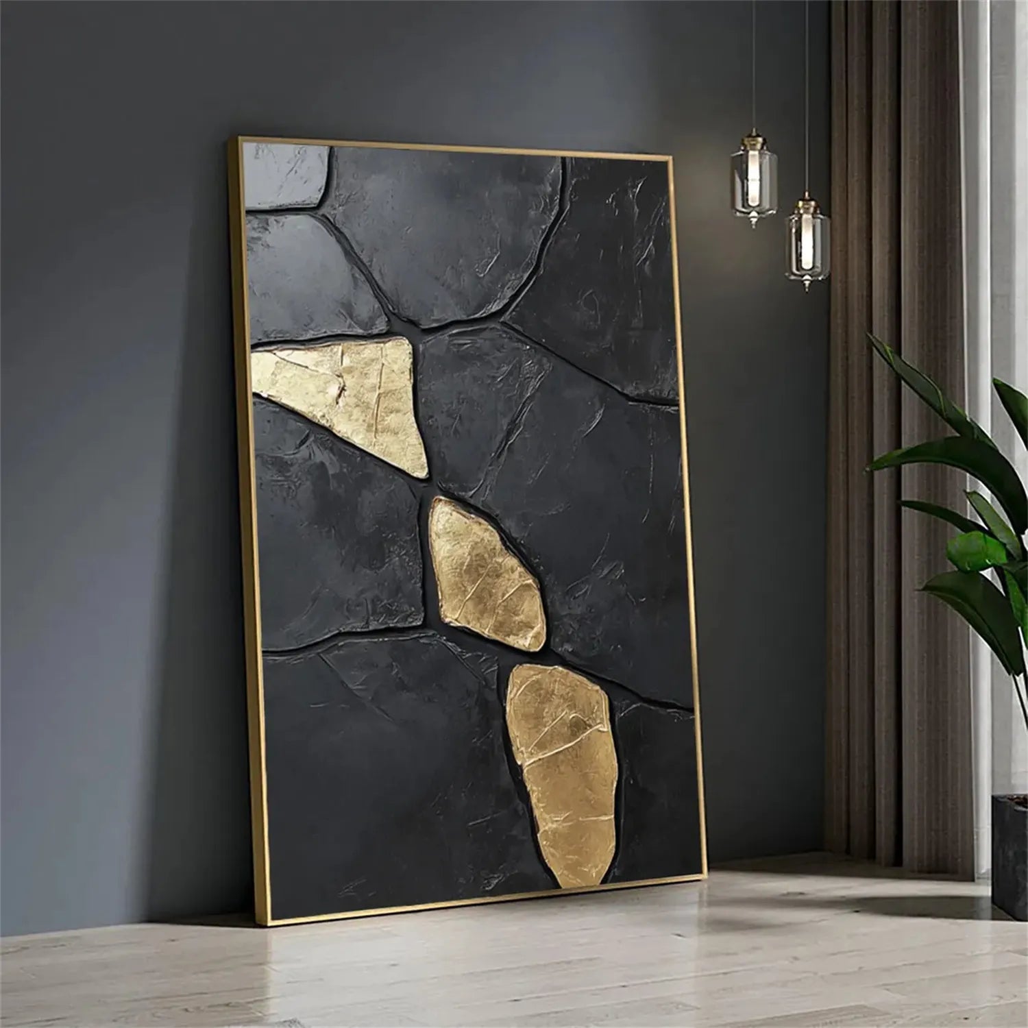 Black Gold Minimalist Textured Painting Canvas #MZ122