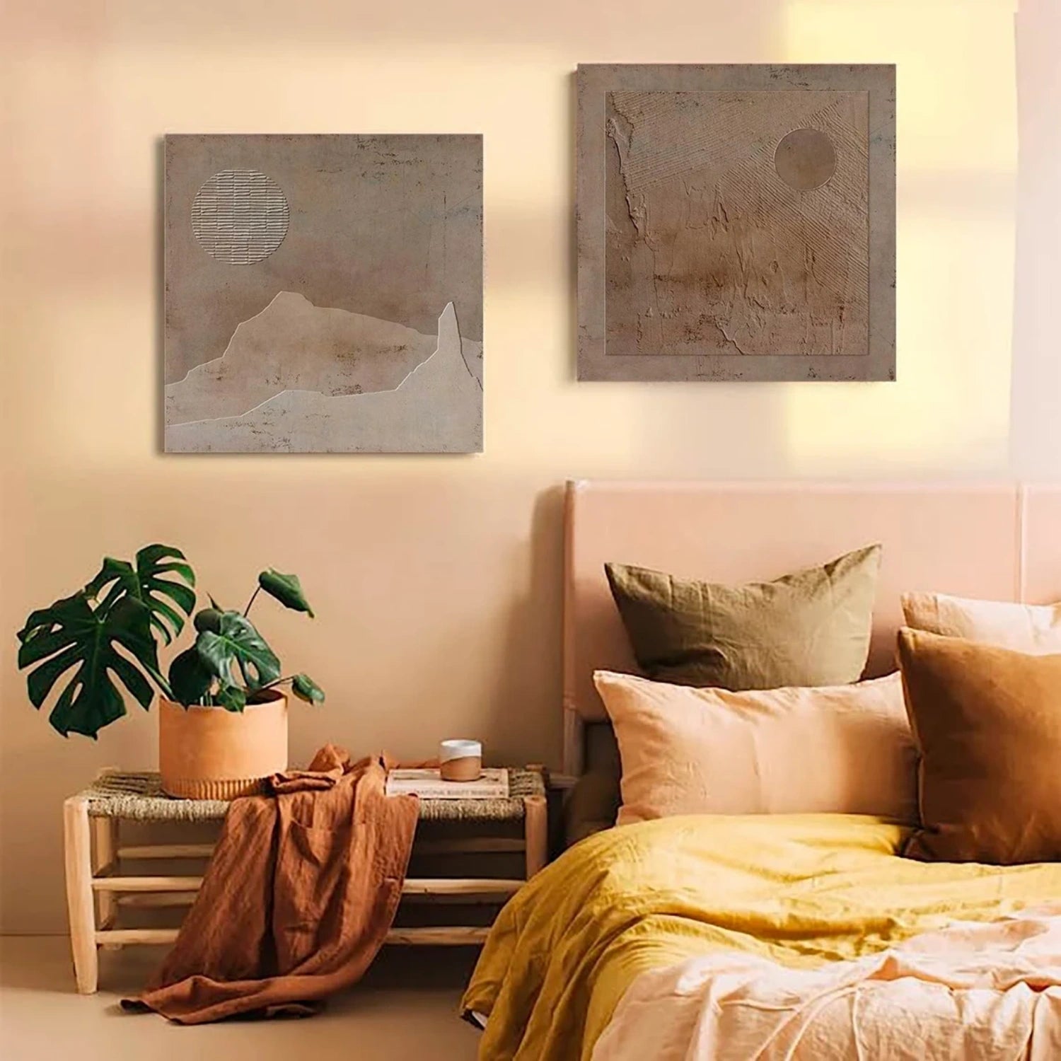 Beige & Brown Abstract Textured Square Set of 2 Wall Art #BB167