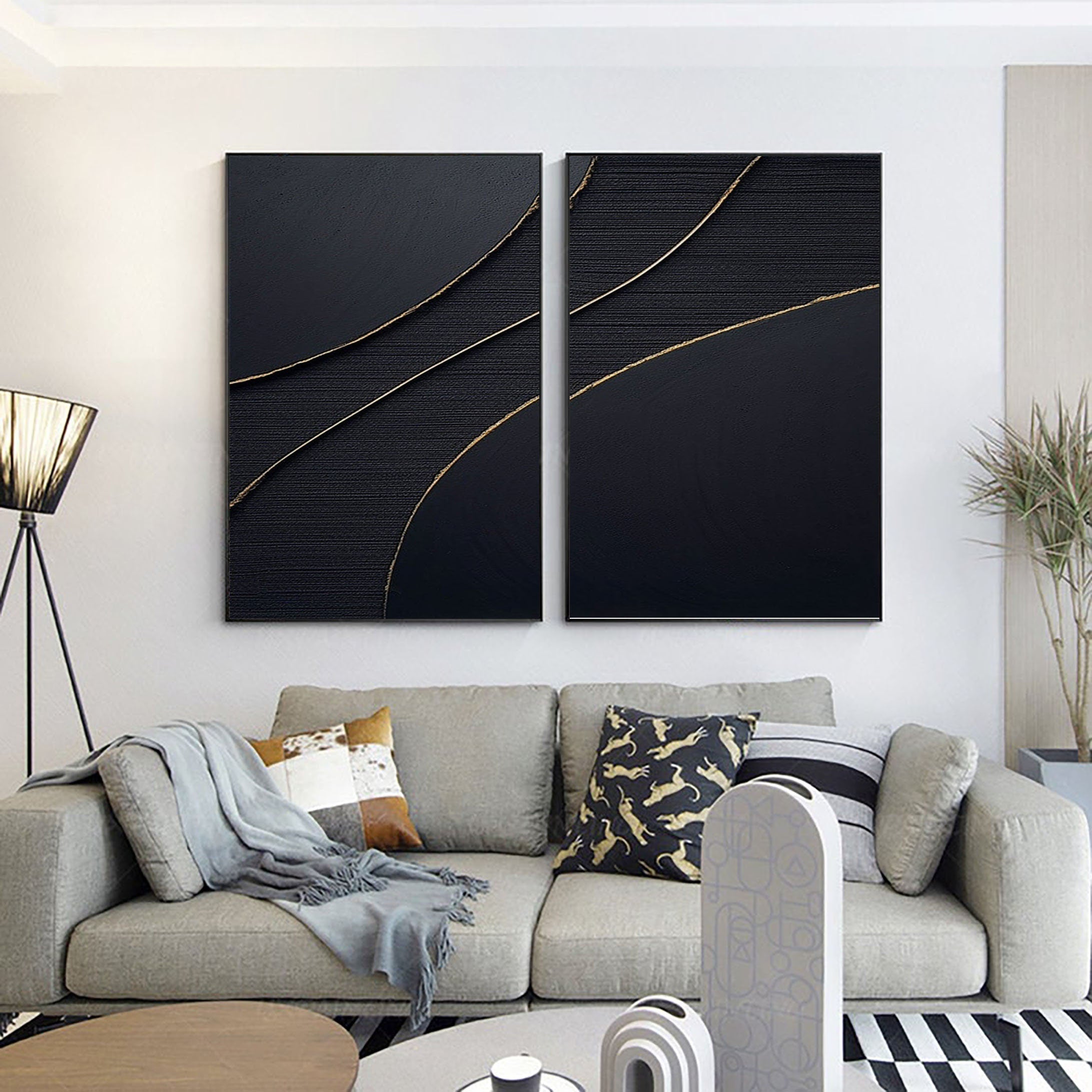 Black Gold Minimalist Textured Paintings Set of 2 #MZ042