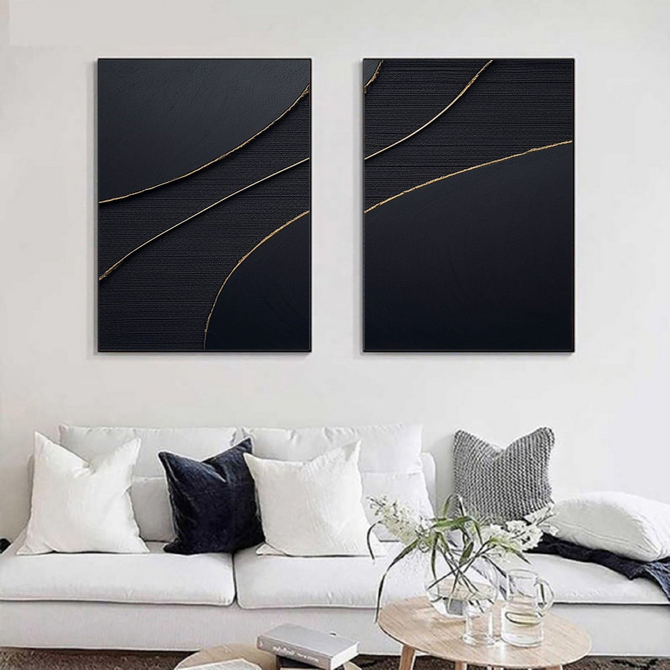 Black Gold Minimalist Textured Paintings Set of 2 #MZ042