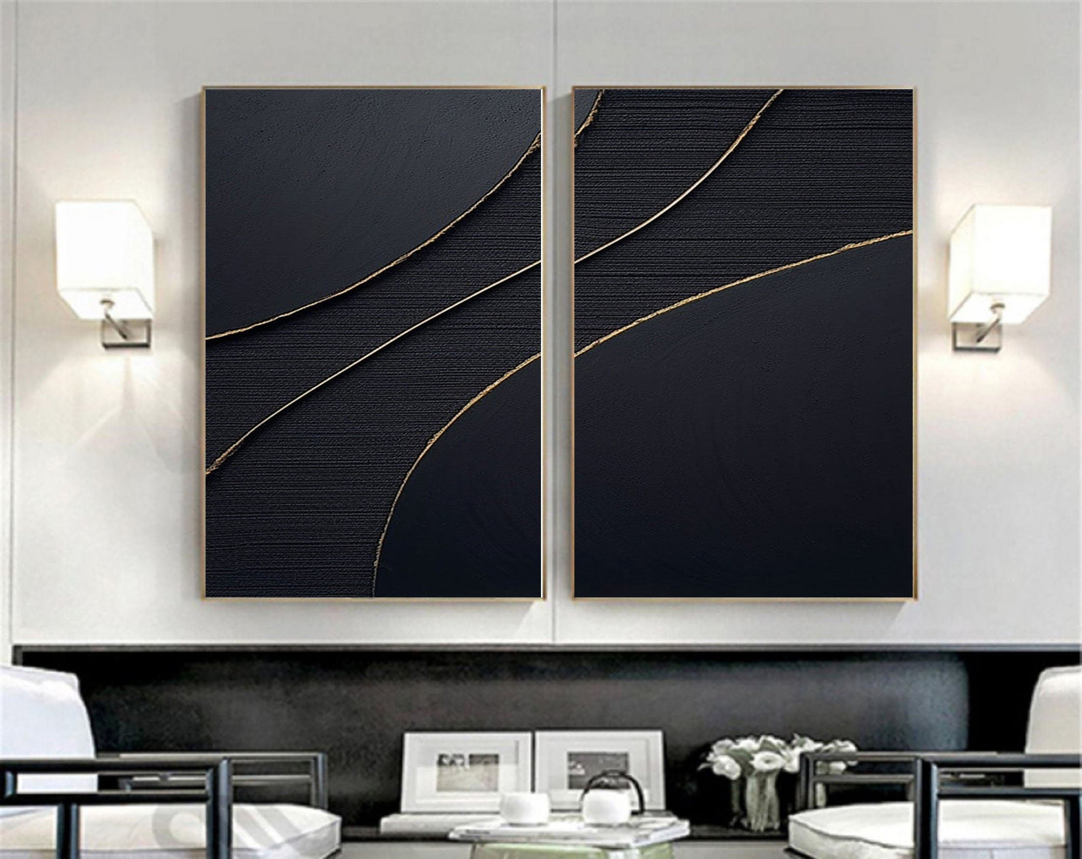 Black Gold Minimalist Textured Paintings Set of 2 #MZ042