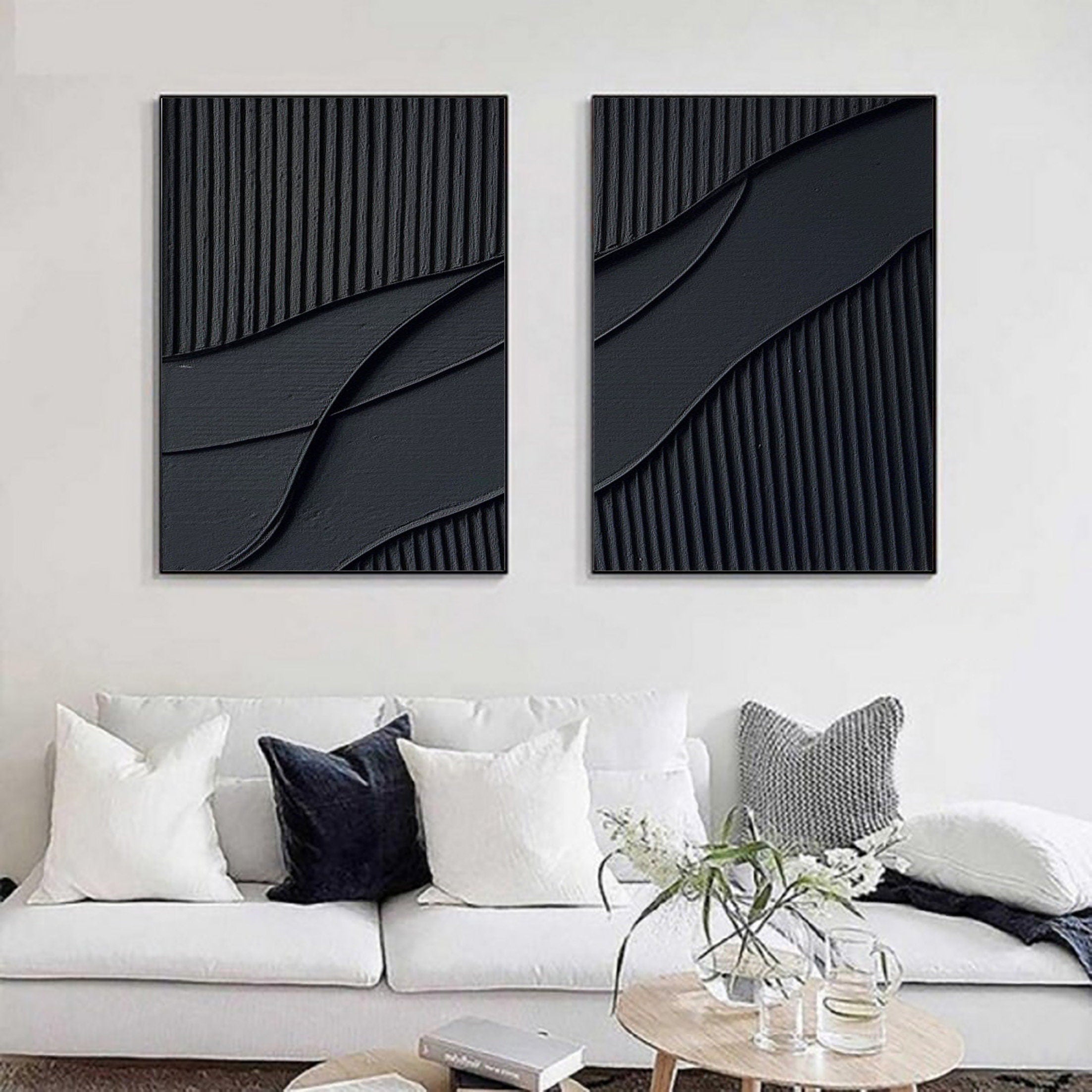 Black Plaster Art Minimalist Textured Paintings Set of 2 #MZ043