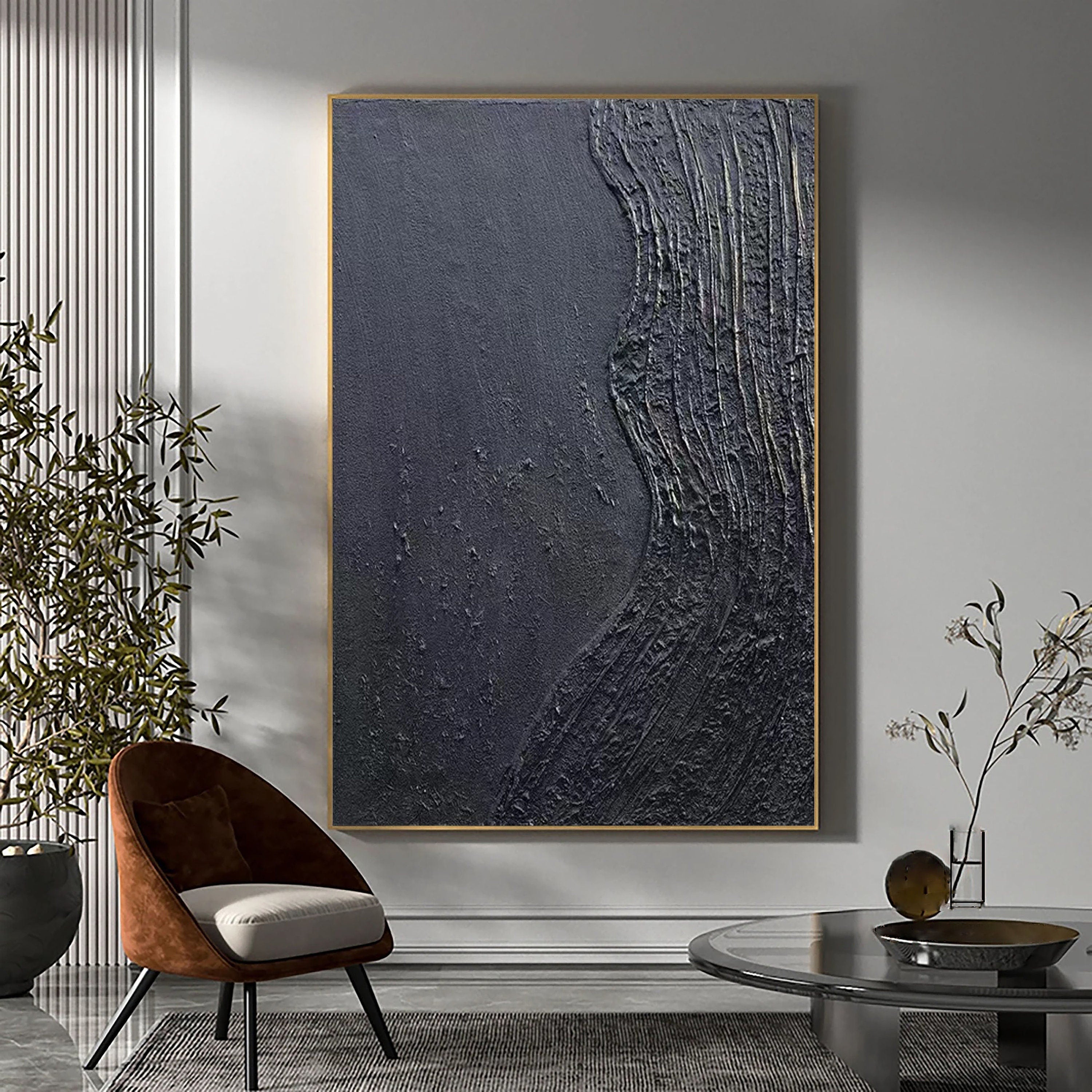 Black Blue Minimalist Textured Painting Canvas #MZ038