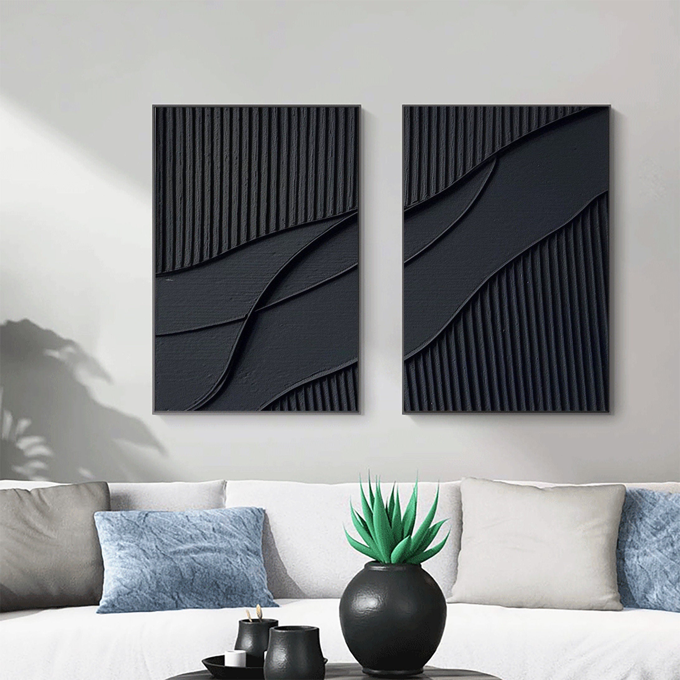 Black Plaster Art Minimalist Textured Paintings Set of 2 #MZ043